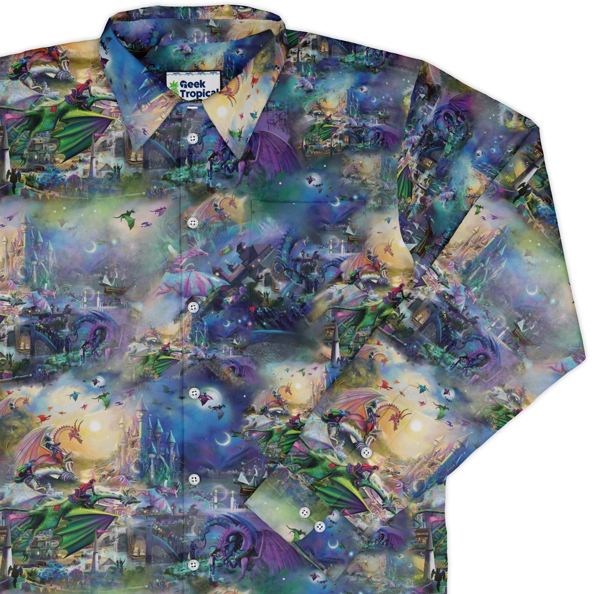 Dragon Chase Long Sleeve Button Up Shirt Geek Nerd adult sizing Animal Patterns Designed by Rose Khan