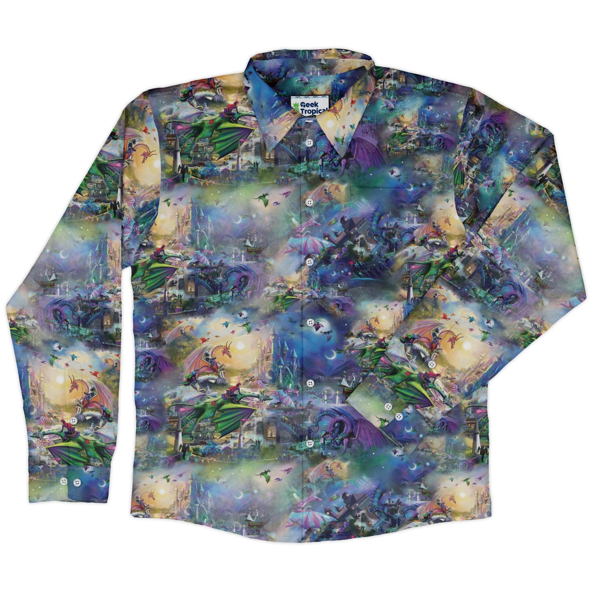 Dragon Chase Long Sleeve Button Up Shirt Geek Nerd adult sizing Animal Patterns Designed by Rose Khan