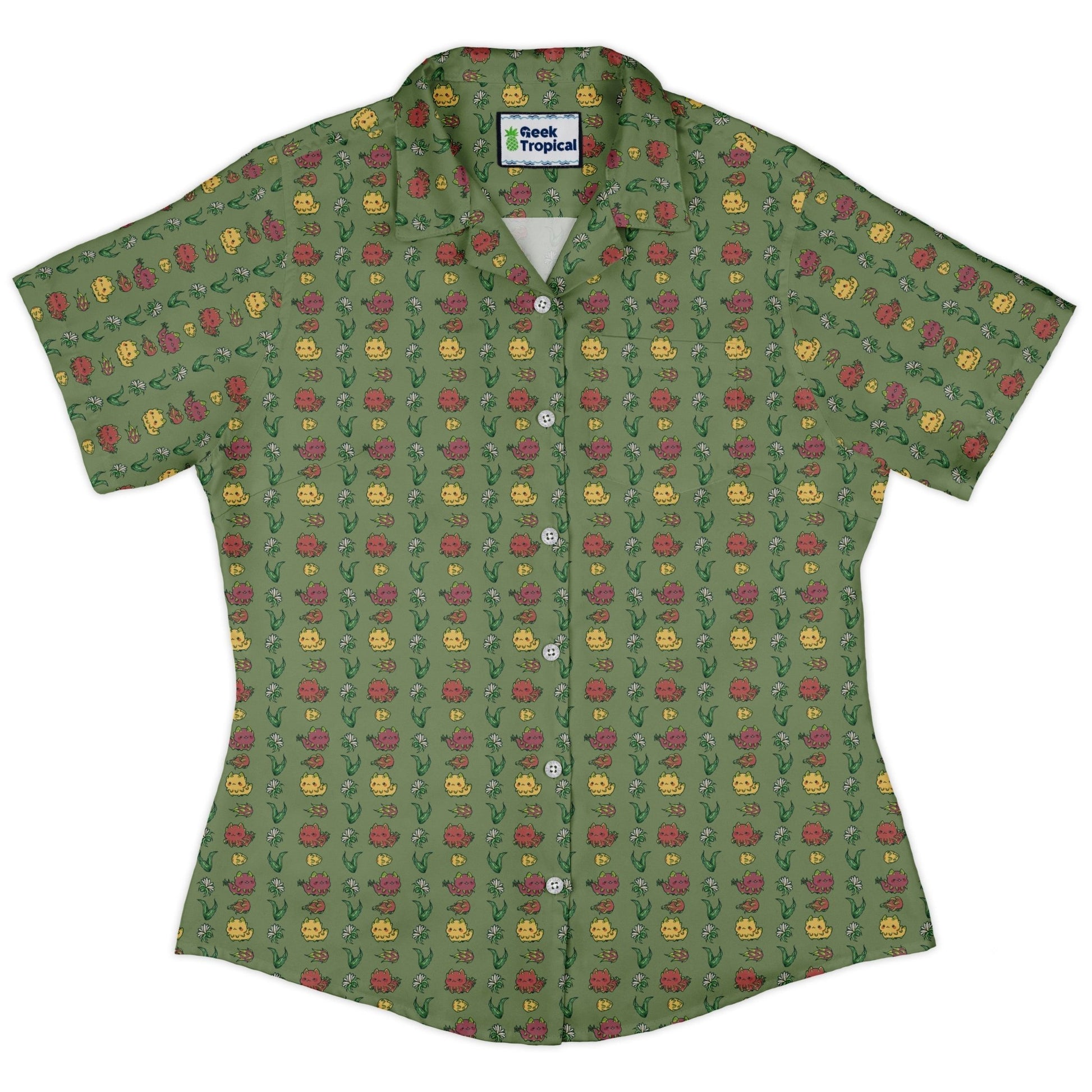 Dragon Fruit Green Curvy Button Up Shirt Geek Nerd anime Design by Ardi Tong q225