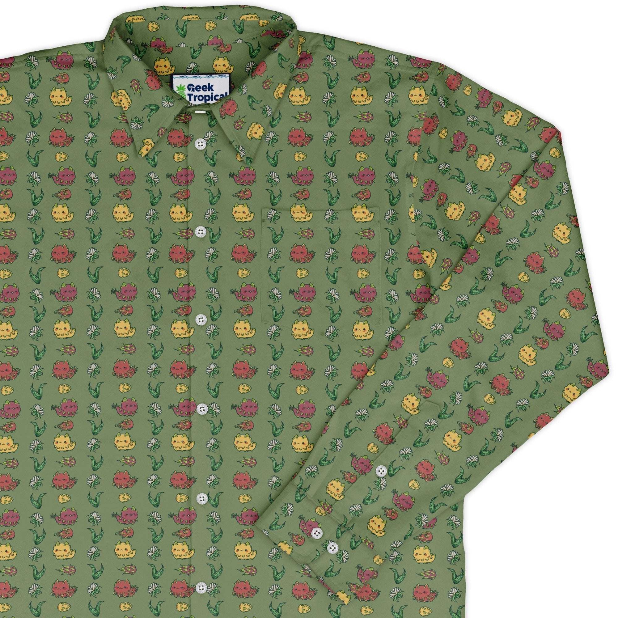 Dragon Fruit Green Long Sleeve Button Up Shirt Geek Nerd adult sizing anime Design by Ardi Tong