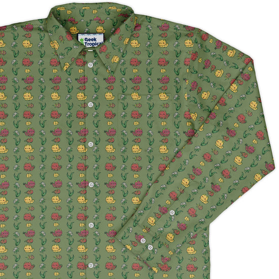 Dragon Fruit Green Long Sleeve Button Up Shirt Geek Nerd adult sizing anime Design by Ardi Tong