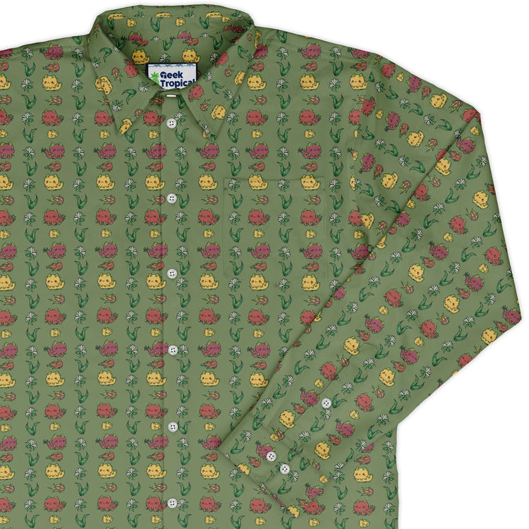 Dragon Fruit Green Long Sleeve Button Up Shirt Geek Nerd adult sizing anime Design by Ardi Tong
