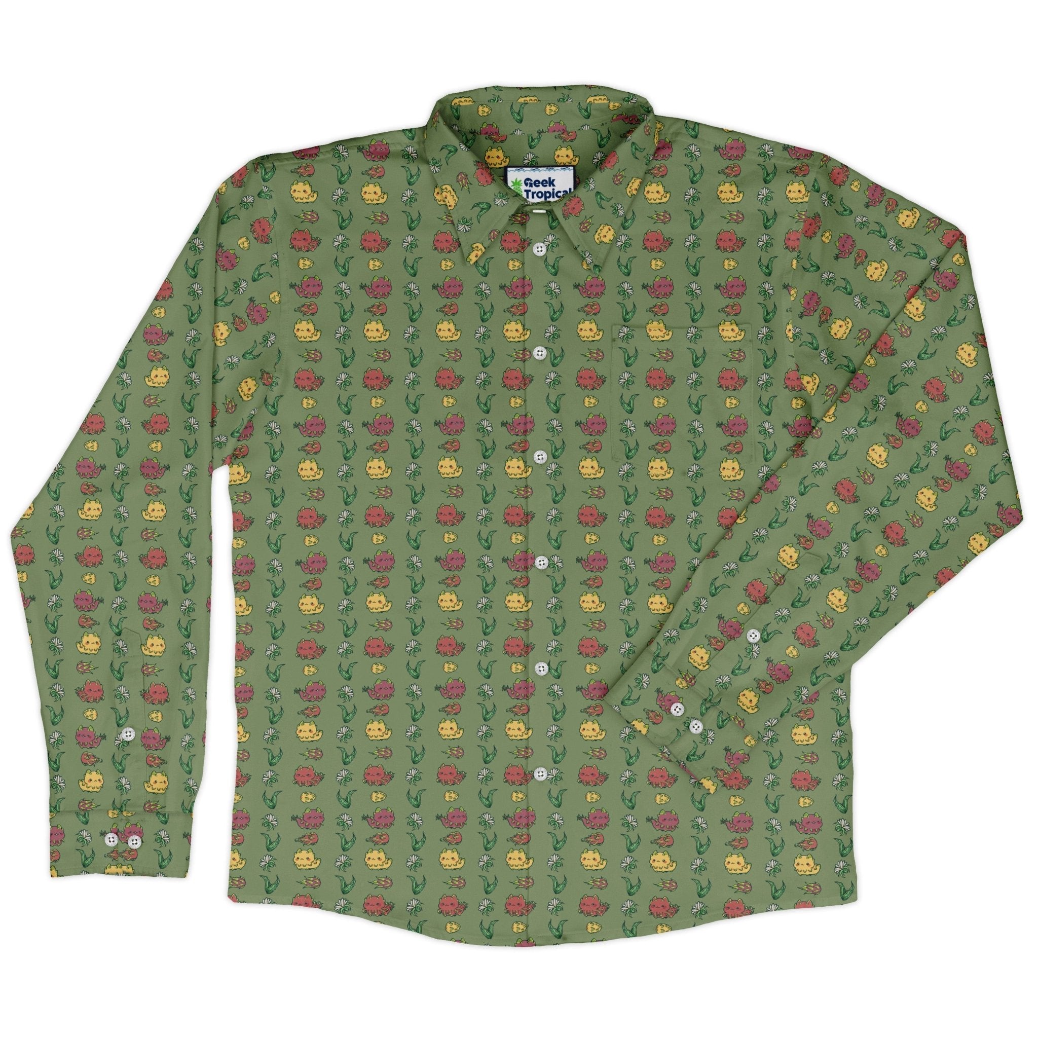Dragon Fruit Green Long Sleeve Button Up Shirt Geek Nerd adult sizing anime Design by Ardi Tong