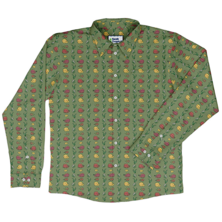Dragon Fruit Green Long Sleeve Button Up Shirt Geek Nerd adult sizing anime Design by Ardi Tong