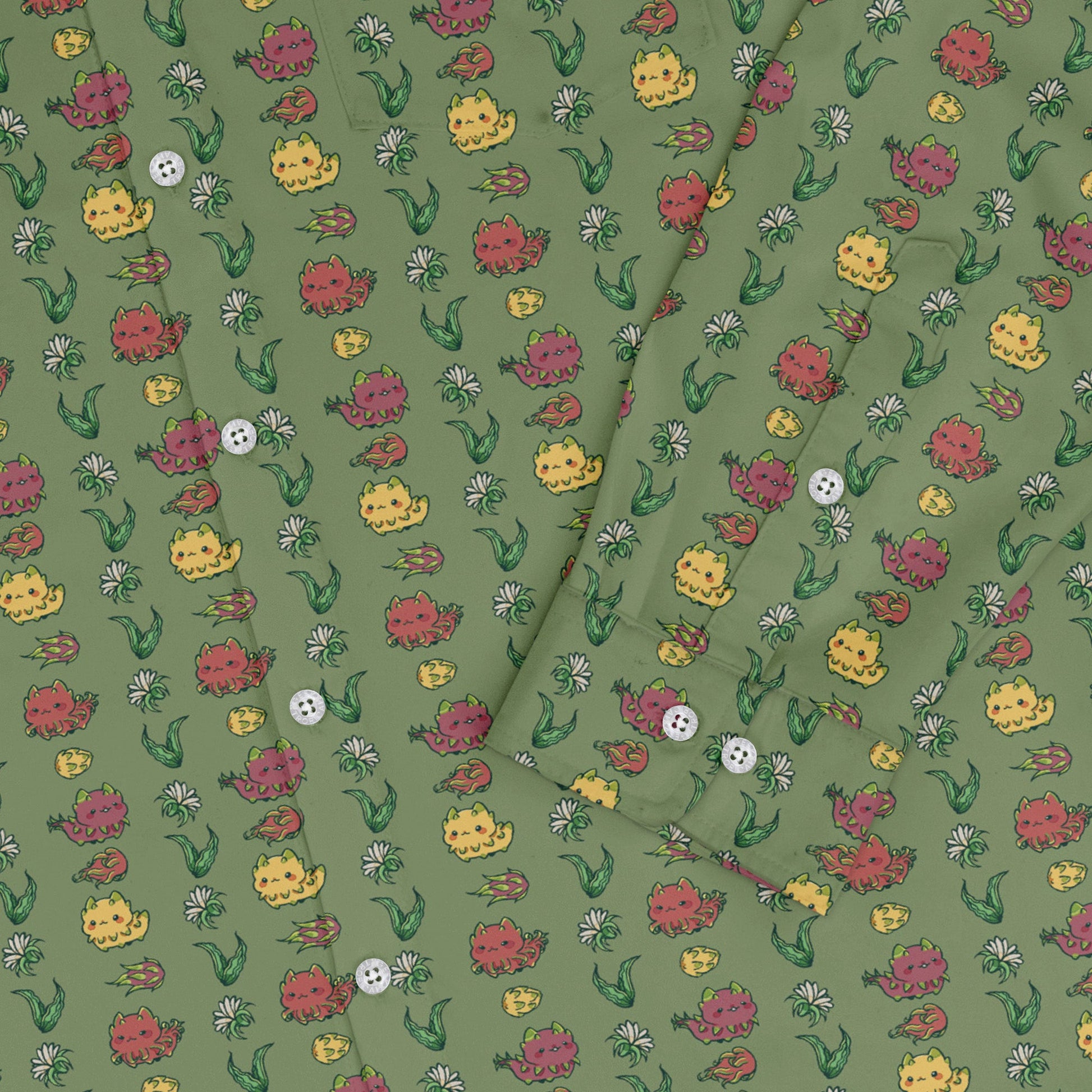 Dragon Fruit Green Long Sleeve Button Up Shirt Geek Nerd adult sizing anime Design by Ardi Tong