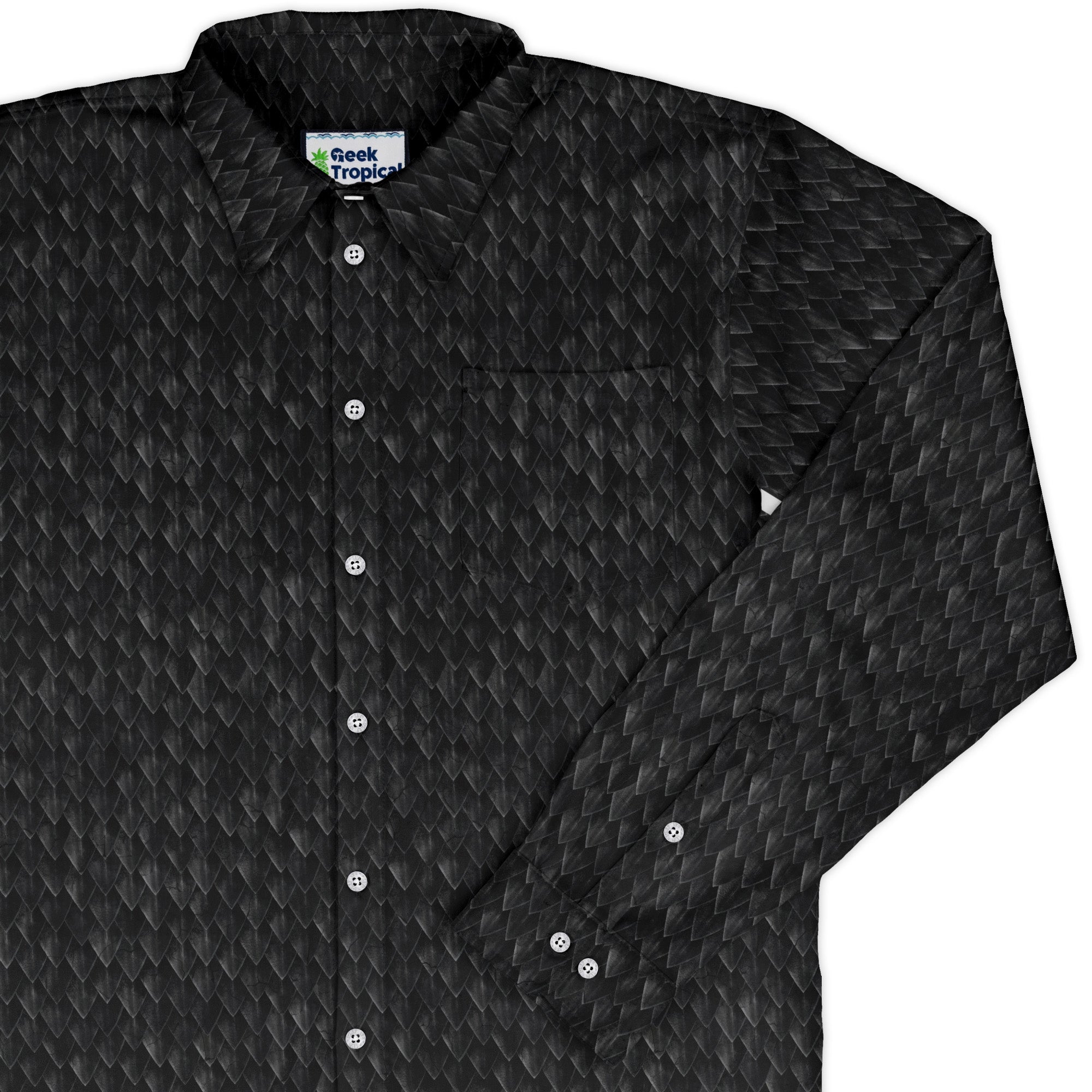 Nerdy Dragon Scales Black Long Sleeve Button Up Shirt
