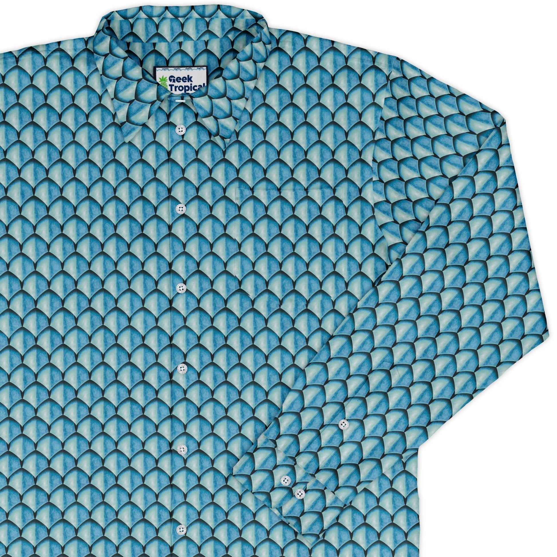 Dragon Scales Blue Dnd Long Sleeve Button Up Shirt Geek Nerd adult sizing Designs by Nathan Fantasy Prints
