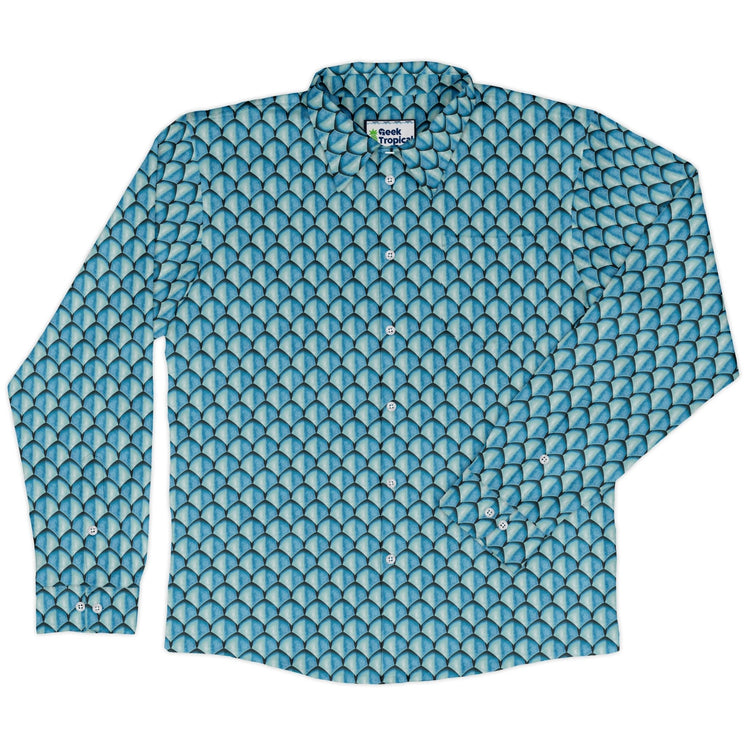 Dragon Scales Blue Dnd Long Sleeve Button Up Shirt Geek Nerd adult sizing Designs by Nathan Fantasy Prints