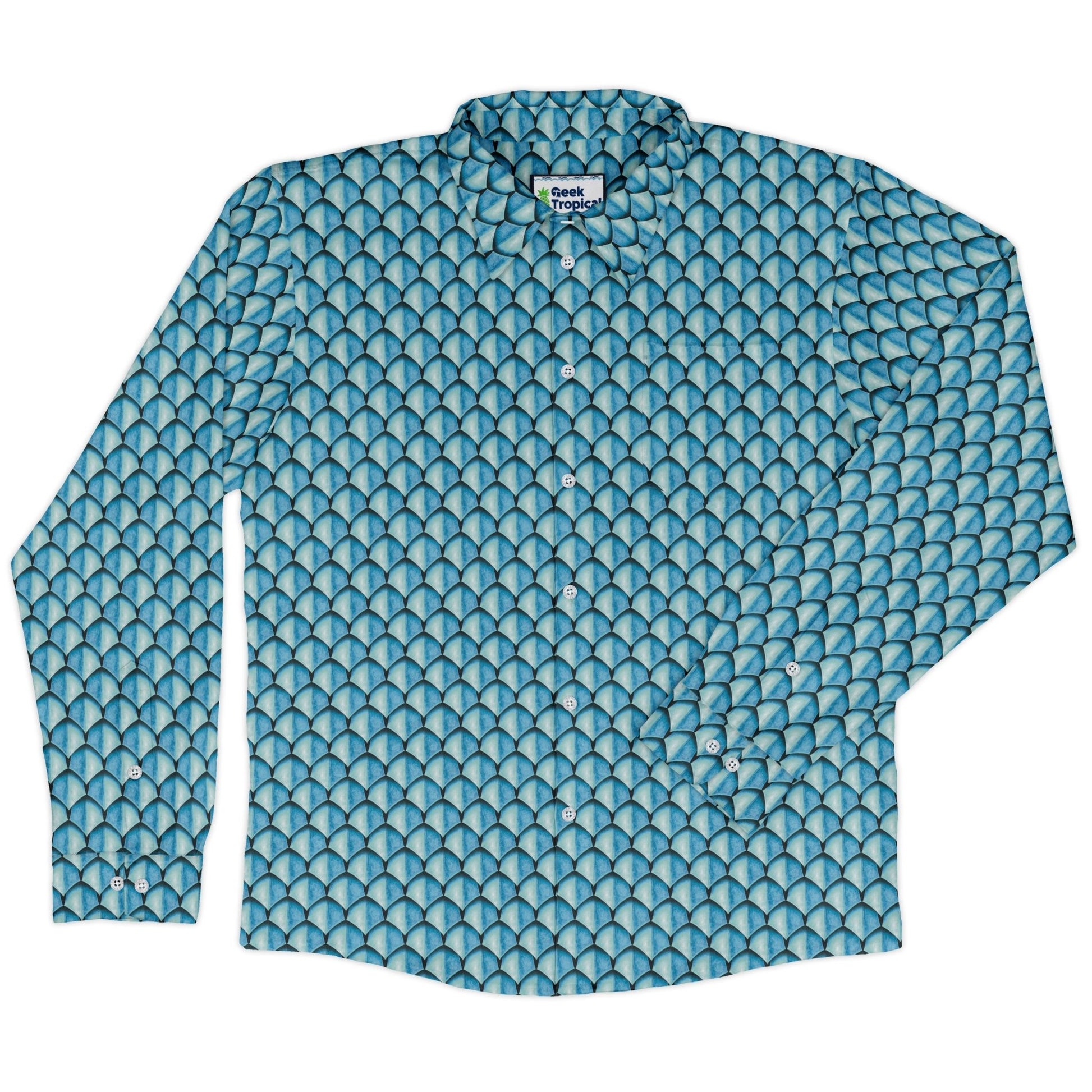 Dragon Scales Blue Dnd Long Sleeve Button Up Shirt Geek Nerd adult sizing Designs by Nathan Fantasy Prints