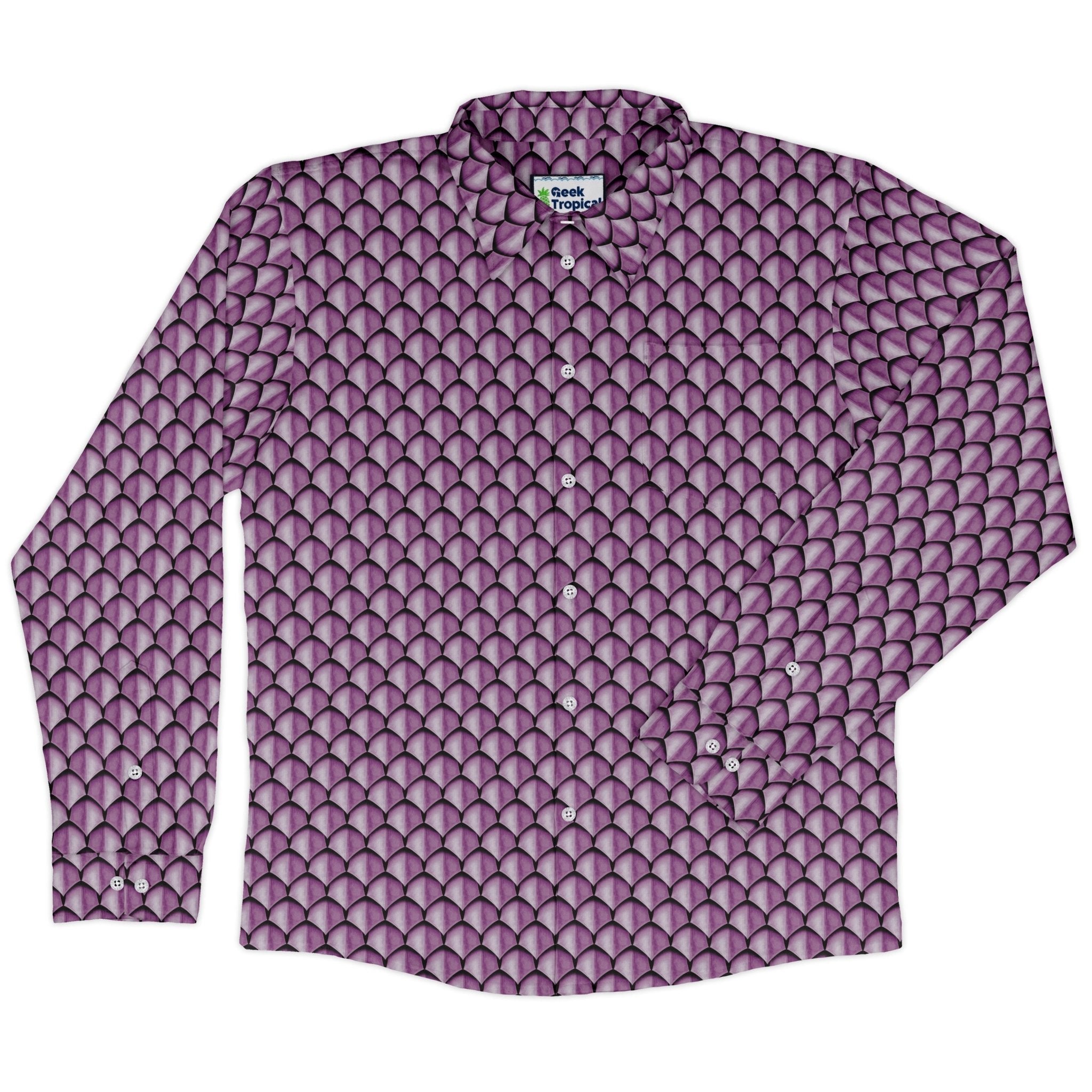 Dragon Scales Pink Dnd Long Sleeve Button Up Shirt Geek Nerd adult sizing Designs by Nathan Fantasy Prints