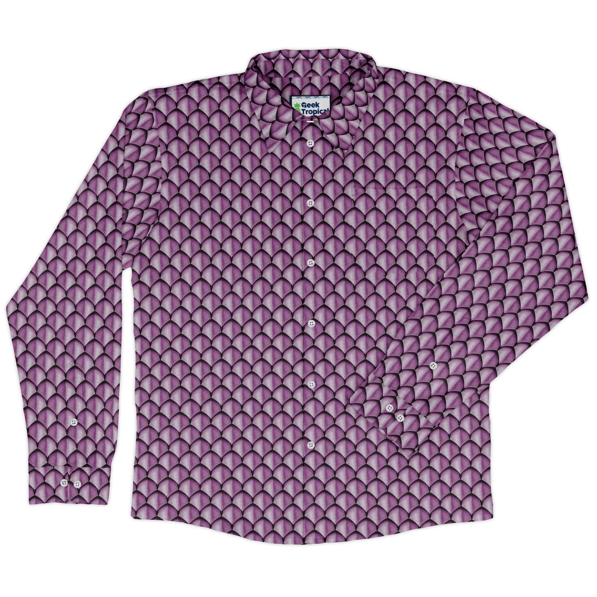 Dragon Scales Pink Dnd Long Sleeve Button Up Shirt Geek Nerd adult sizing Designs by Nathan Fantasy Prints