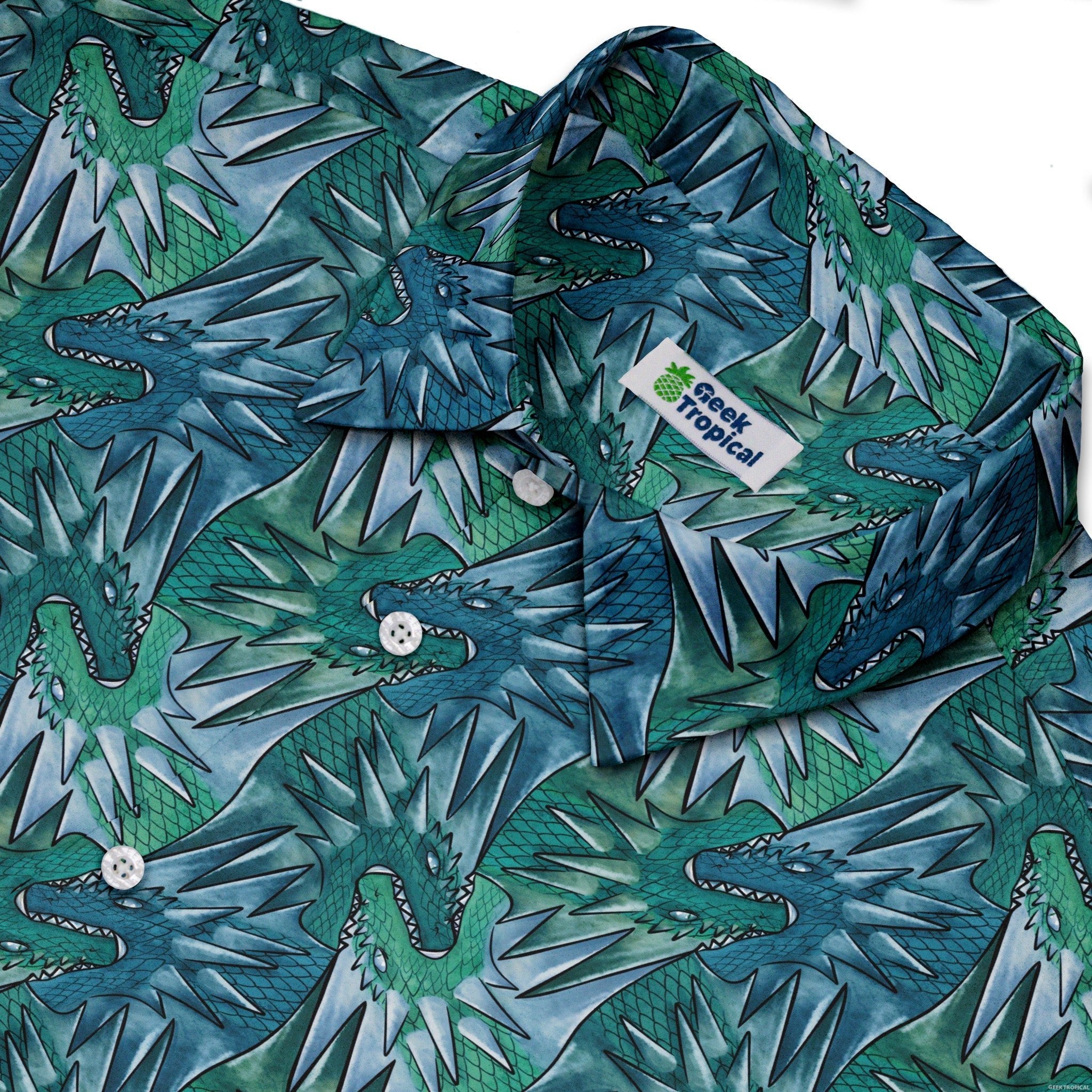 Dragon Weaving Inferno Teal Button Up Shirt Geek Nerd adult sizing Designs by Nathan fantasy prints