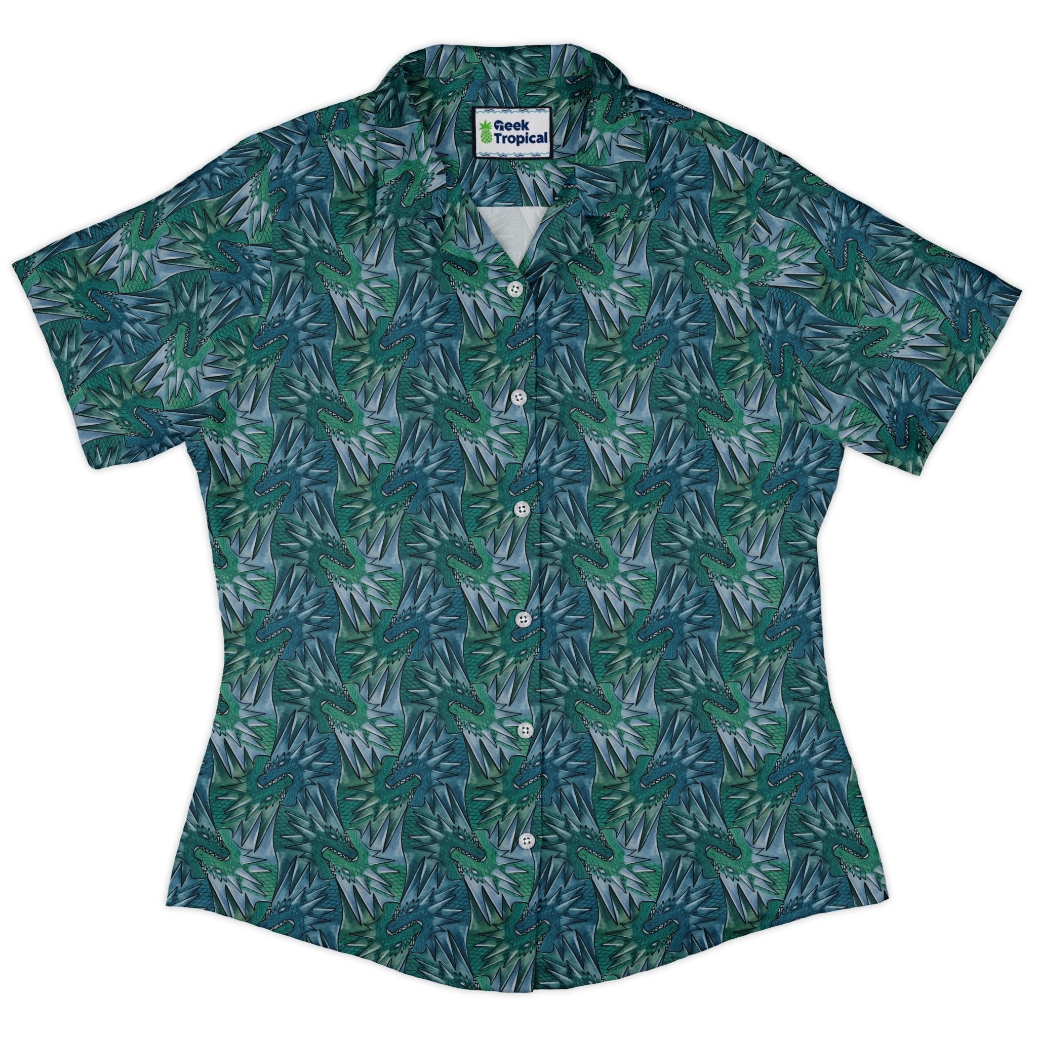 Dragon Weaving Inferno Teal Curvy Button Up Shirt Geek Nerd Designs by Nathan fantasy prints q225