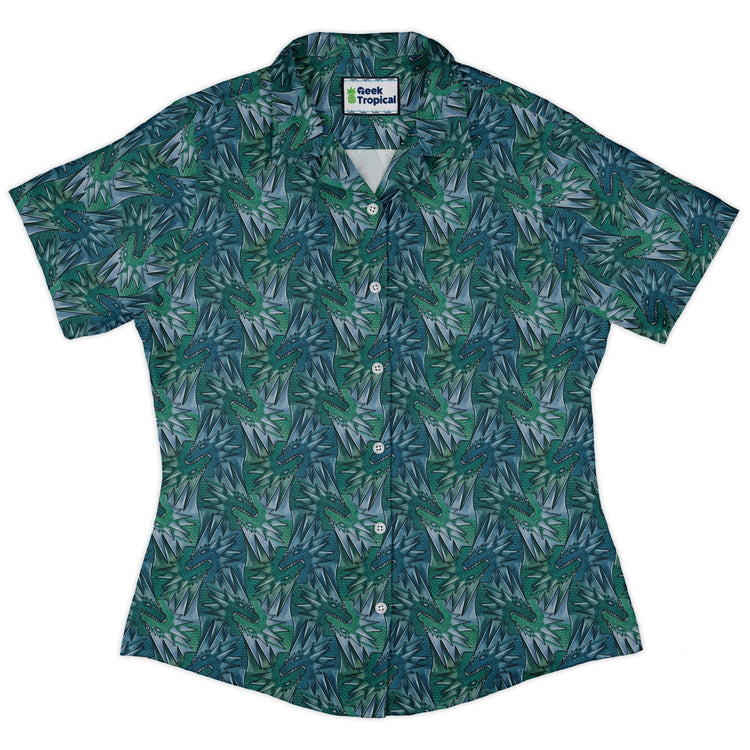Dragon Weaving Inferno Teal Curvy Button Up Shirt Geek Nerd Designs by Nathan fantasy prints q225
