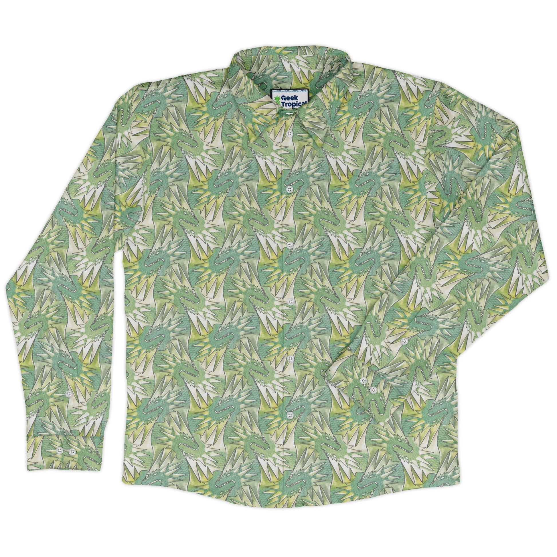 Dragon Weaving Inferno Lime Long Sleeve Button Up Shirt Geek Nerd adult sizing Designs by Nathan fantasy prints