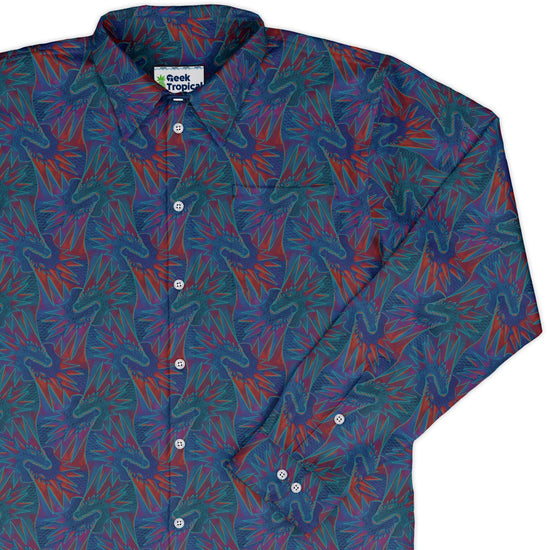 Dragon Weaving Inferno Retro Long Sleeve Button Up Shirt Geek Nerd adult sizing Designs by Nathan fantasy prints