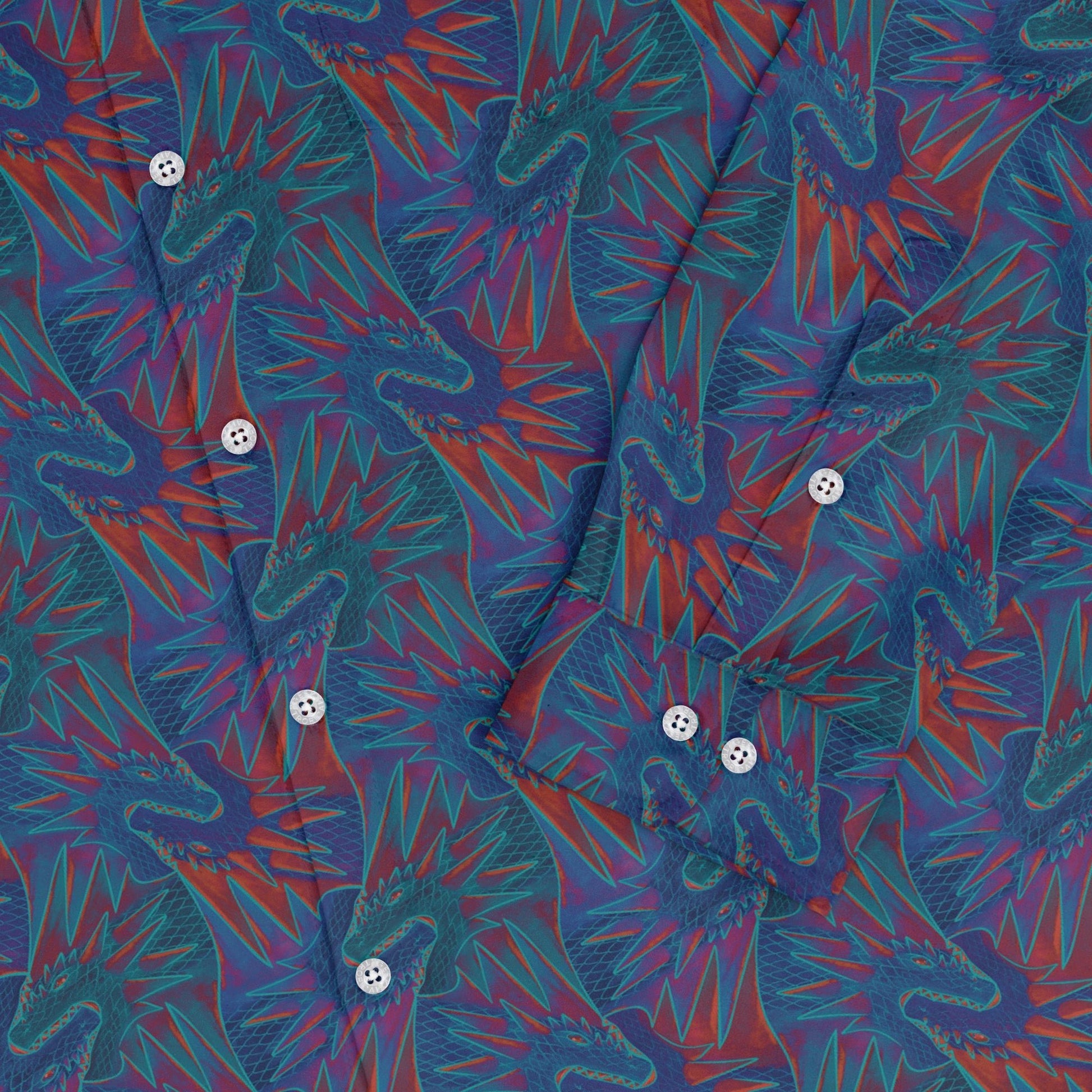 Dragon Weaving Inferno Retro Long Sleeve Button Up Shirt Geek Nerd adult sizing Designs by Nathan fantasy prints