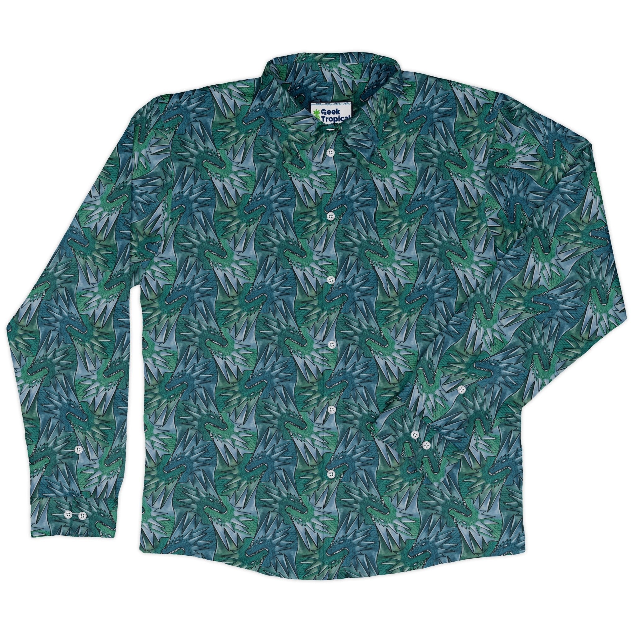 Dragon Weaving Inferno Teal Long Sleeve Button Up Shirt Geek Nerd adult sizing Designs by Nathan fantasy prints