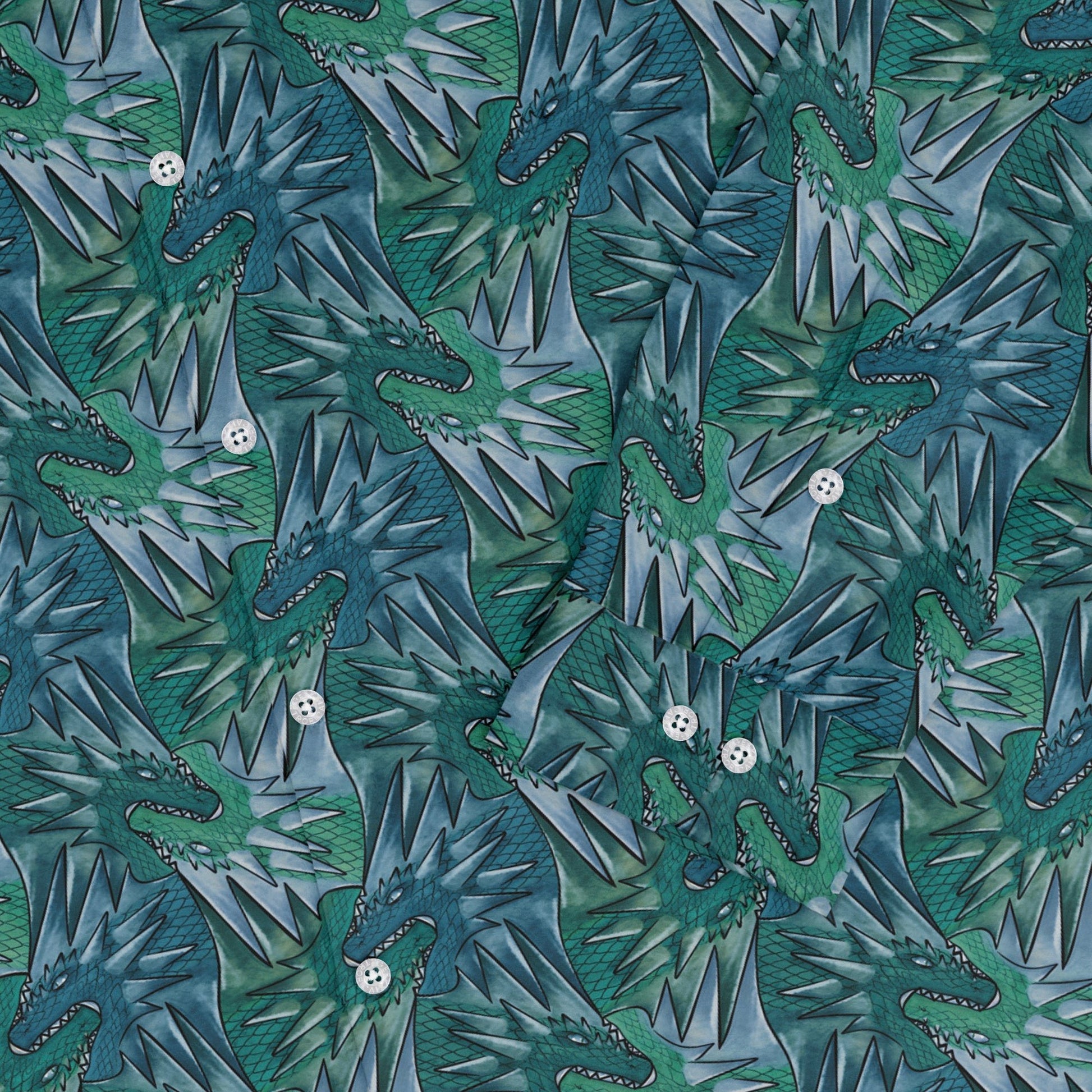 Dragon Weaving Inferno Teal Long Sleeve Button Up Shirt Geek Nerd adult sizing Designs by Nathan fantasy prints