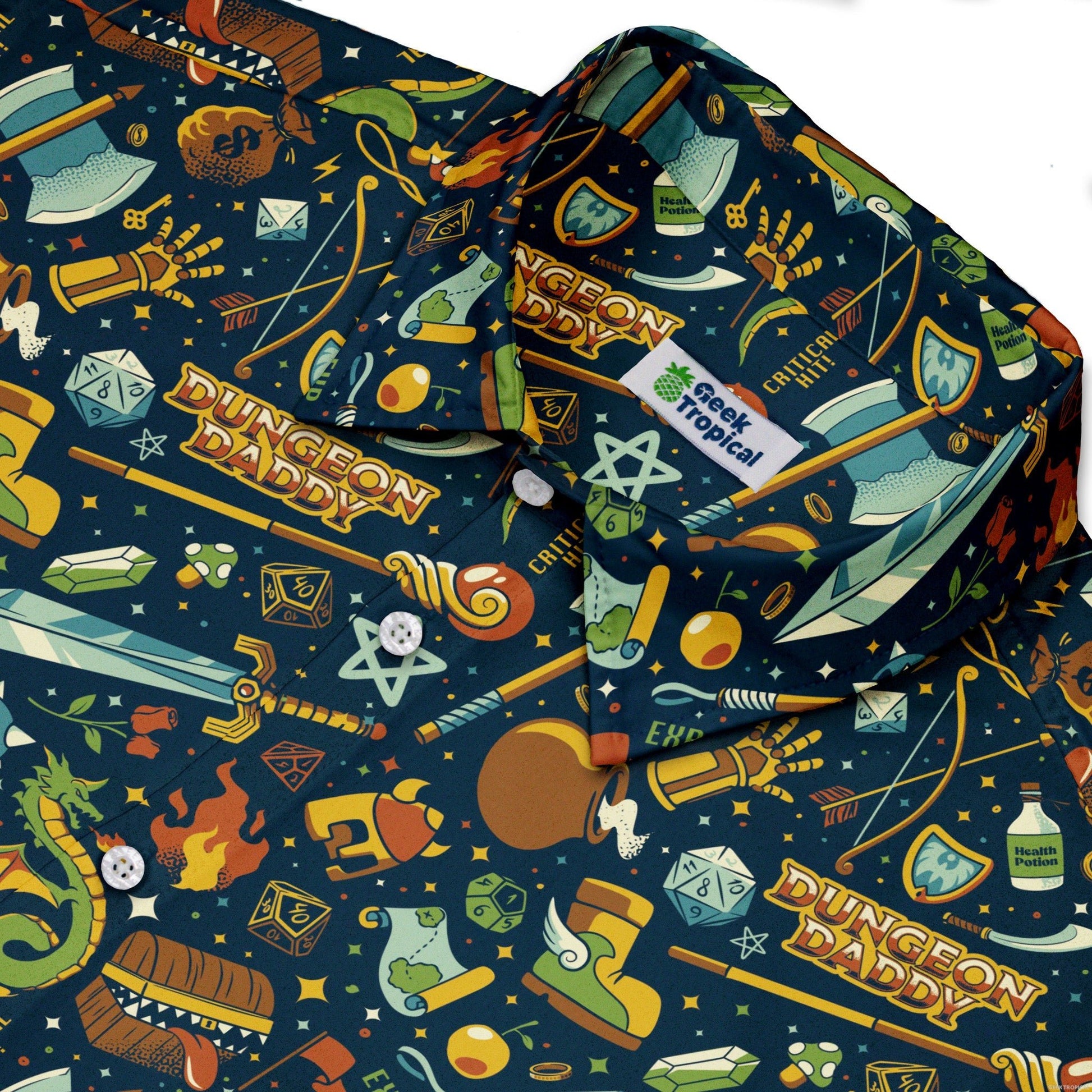 Dungeon Daddy Button Up Shirt Geek Nerd adult sizing Design by Tobe Fonseca dnd & rpg print
