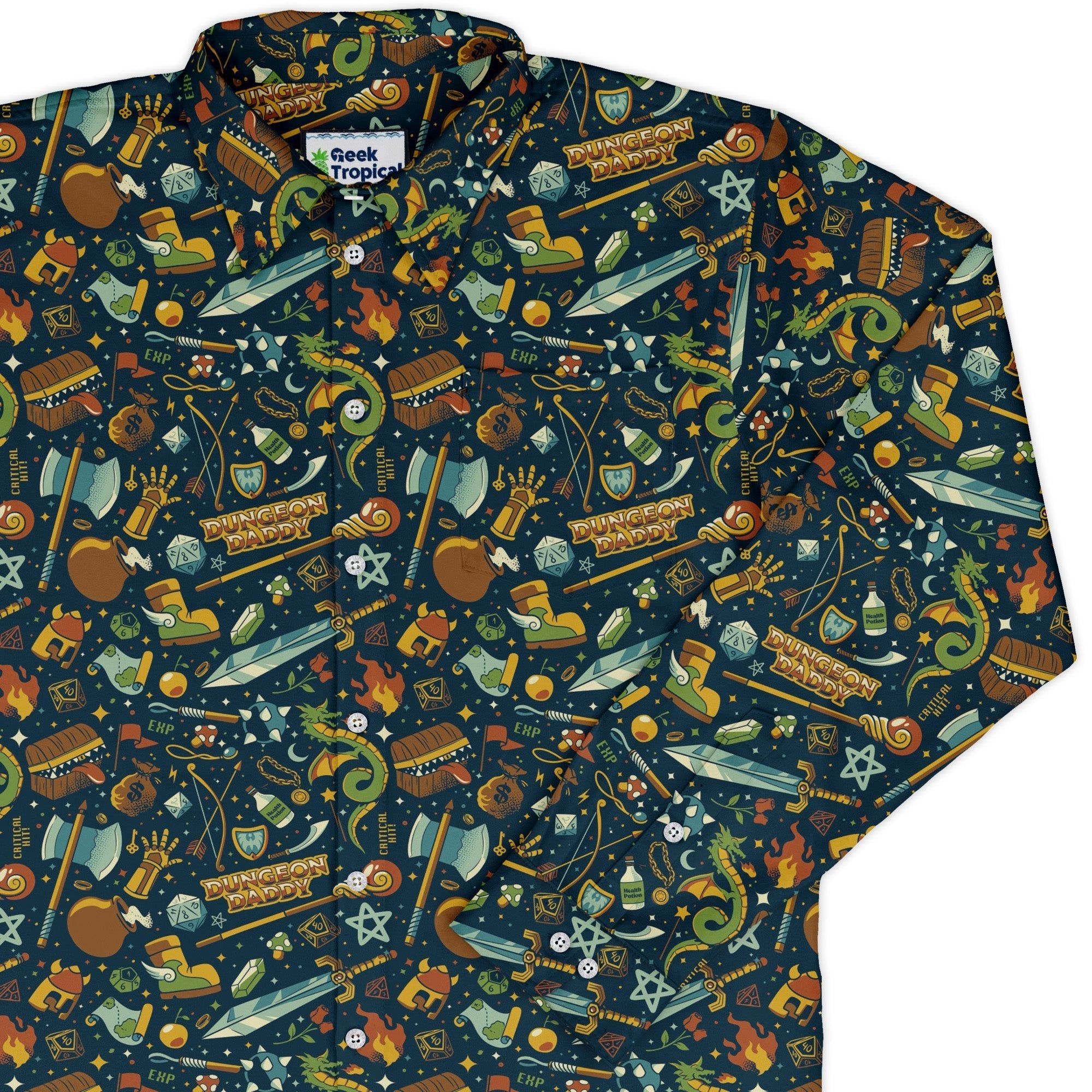 Dungeon Daddy Long Sleeve Button Up Shirt Geek Nerd adult sizing Design by Tobe Fonseca dnd & rpg print