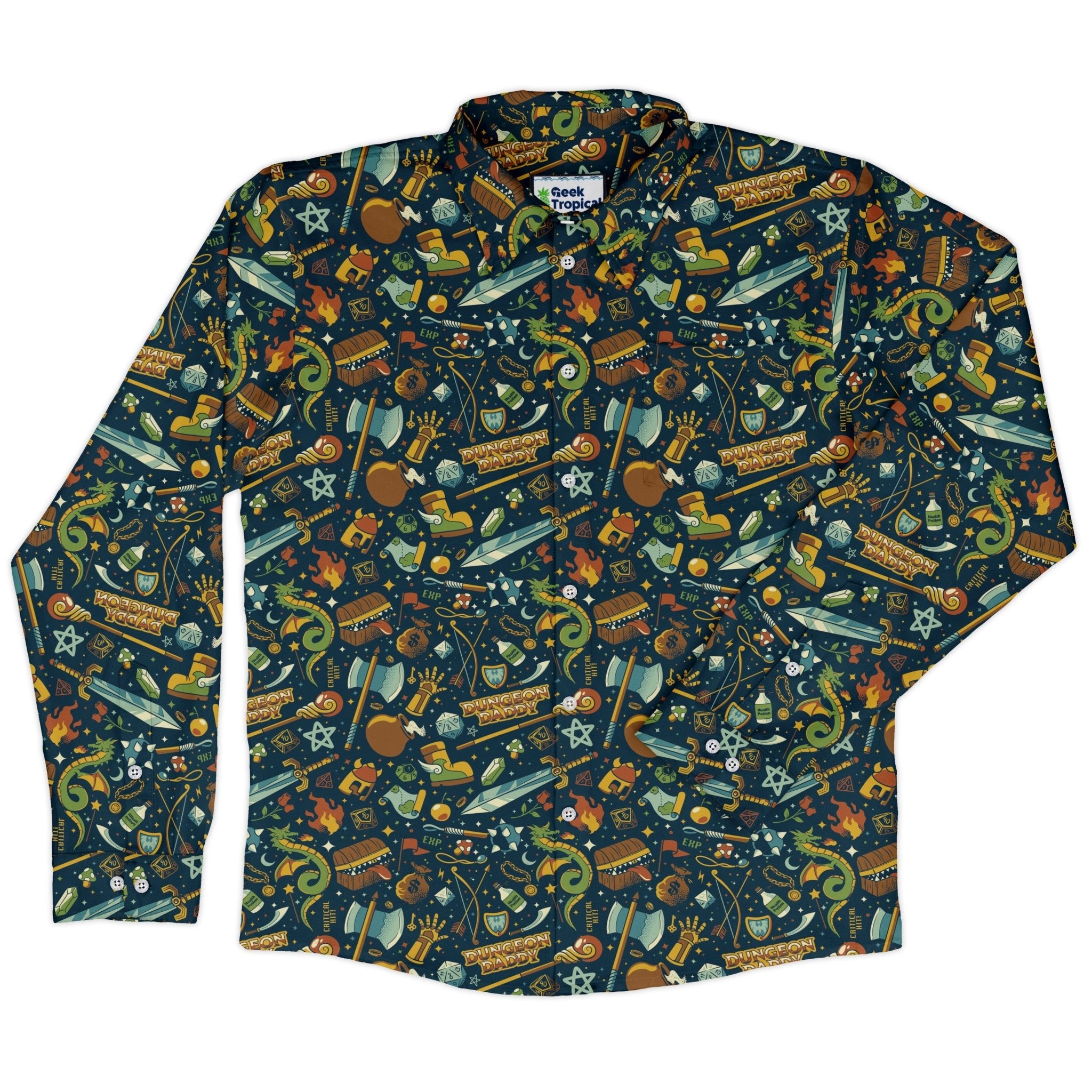 Dungeon Daddy Long Sleeve Button Up Shirt Geek Nerd adult sizing Design by Tobe Fonseca dnd & rpg print