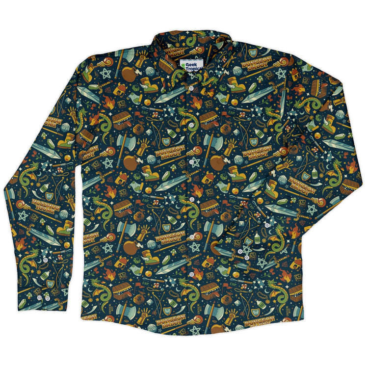 Dungeon Daddy Long Sleeve Button Up Shirt Geek Nerd adult sizing Design by Tobe Fonseca dnd & rpg print