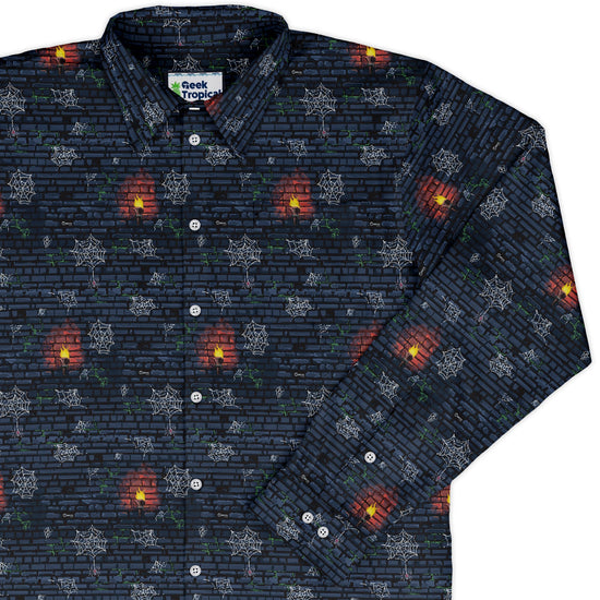 Dungeon Wall Long Sleeve Button Up Shirt Geek Nerd adult sizing Design by Claire Murphy dnd & rpg print