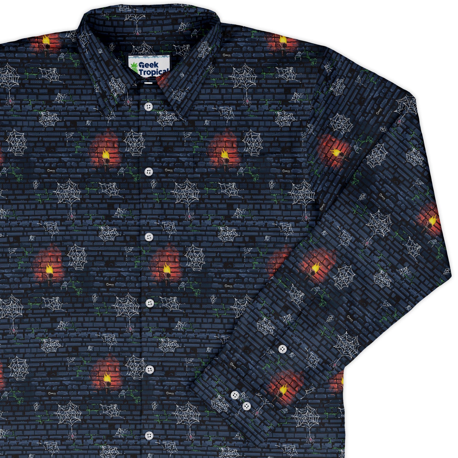 Dungeon Wall Long Sleeve Button Up Shirt Geek Nerd adult sizing Design by Claire Murphy dnd & rpg print