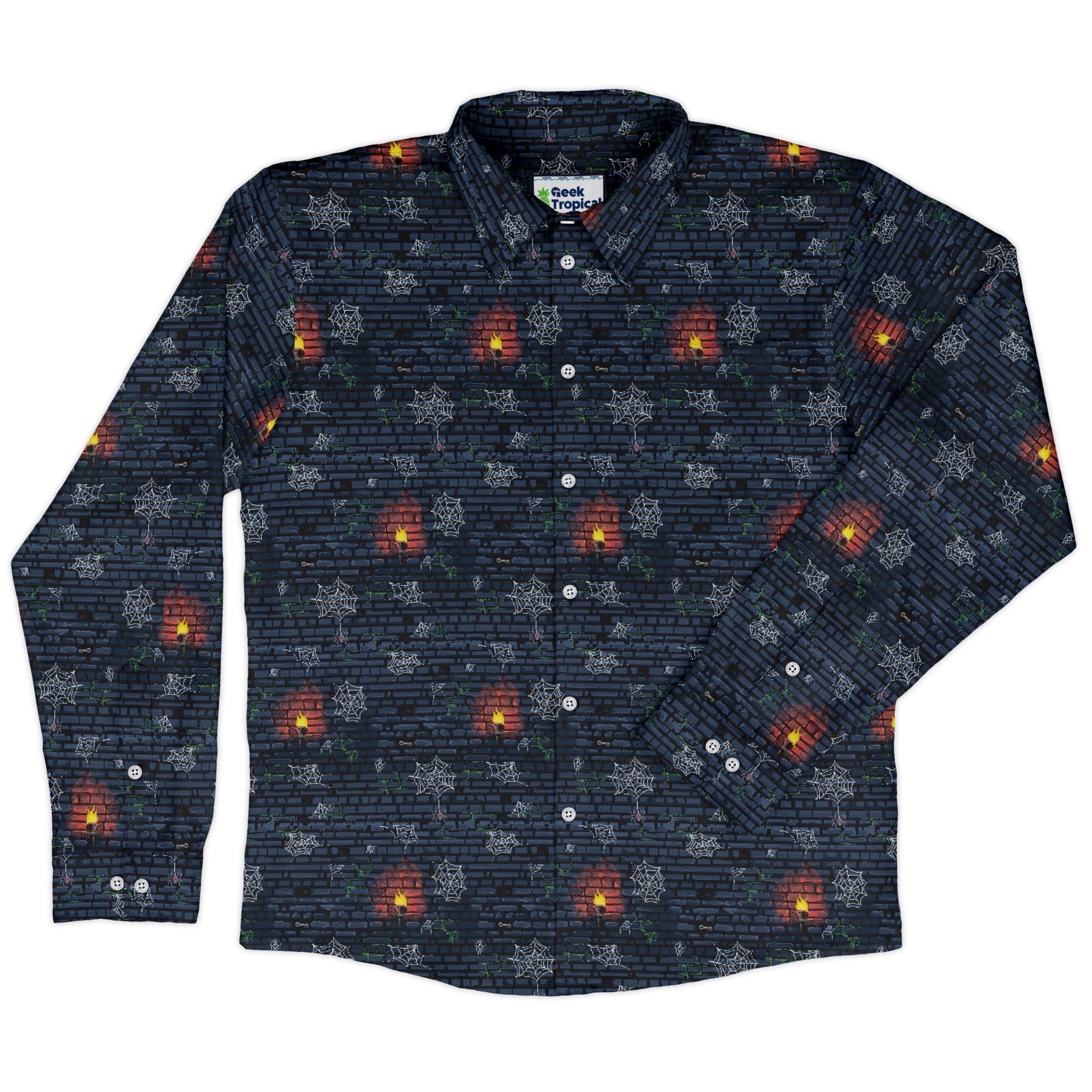 Dungeon Wall Long Sleeve Button Up Shirt Geek Nerd adult sizing Design by Claire Murphy dnd & rpg print