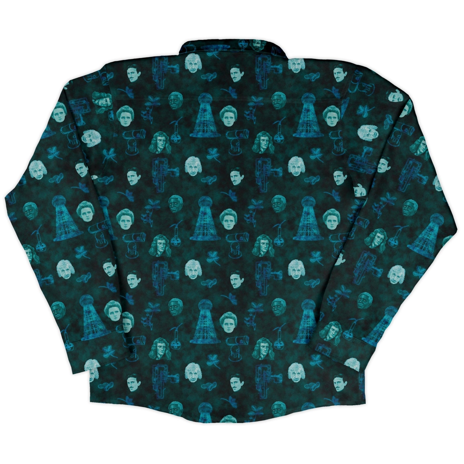 Eerie Science Legends Long Sleeve Button Up Shirt Geek Nerd adult sizing Designs by Nathan FLOW DESC WRITING