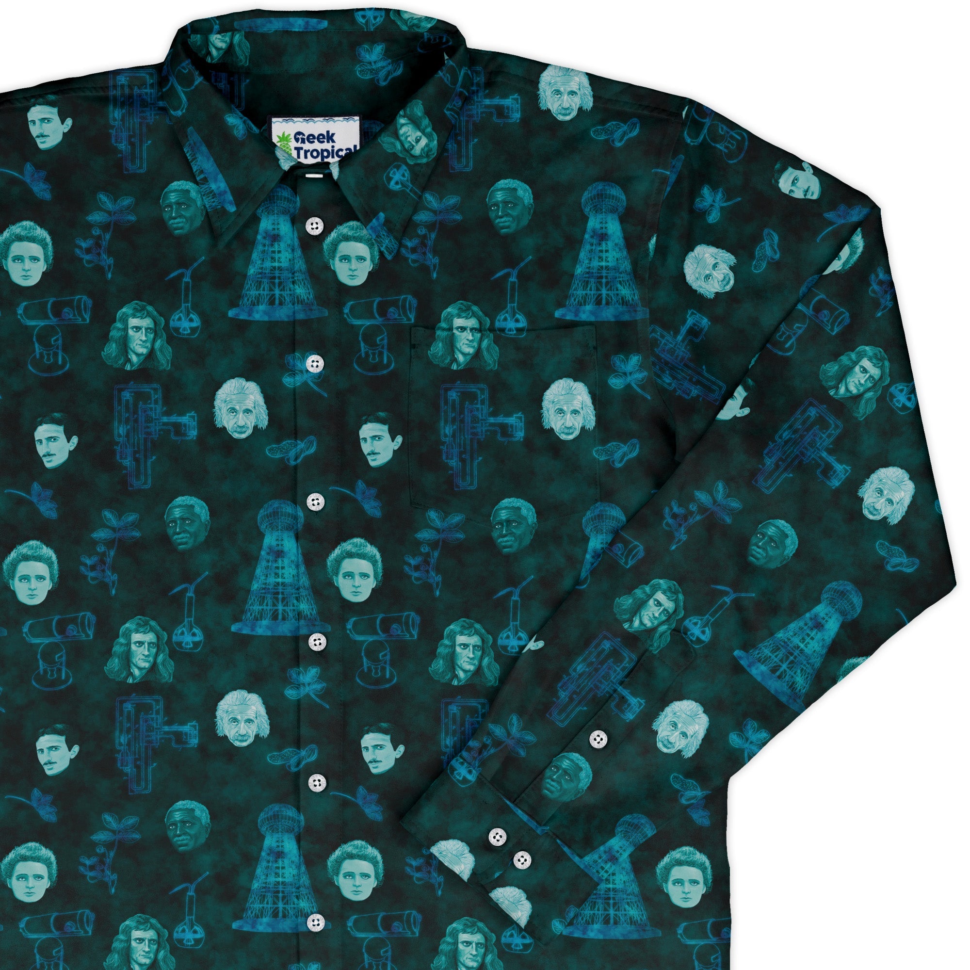 Eerie Science Legends Long Sleeve Button Up Shirt Geek Nerd adult sizing Designs by Nathan FLOW DESC WRITING