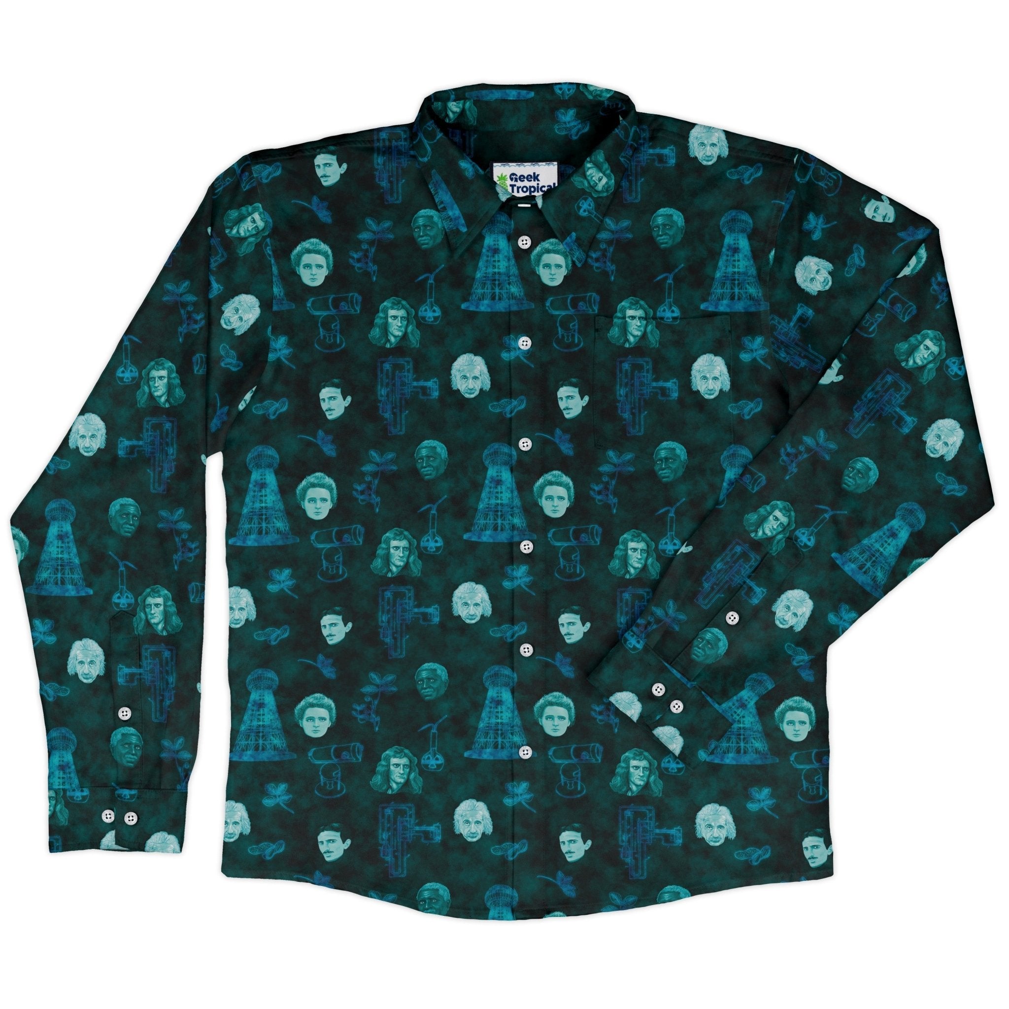 Eerie Science Legends Long Sleeve Button Up Shirt Geek Nerd adult sizing Designs by Nathan FLOW DESC WRITING