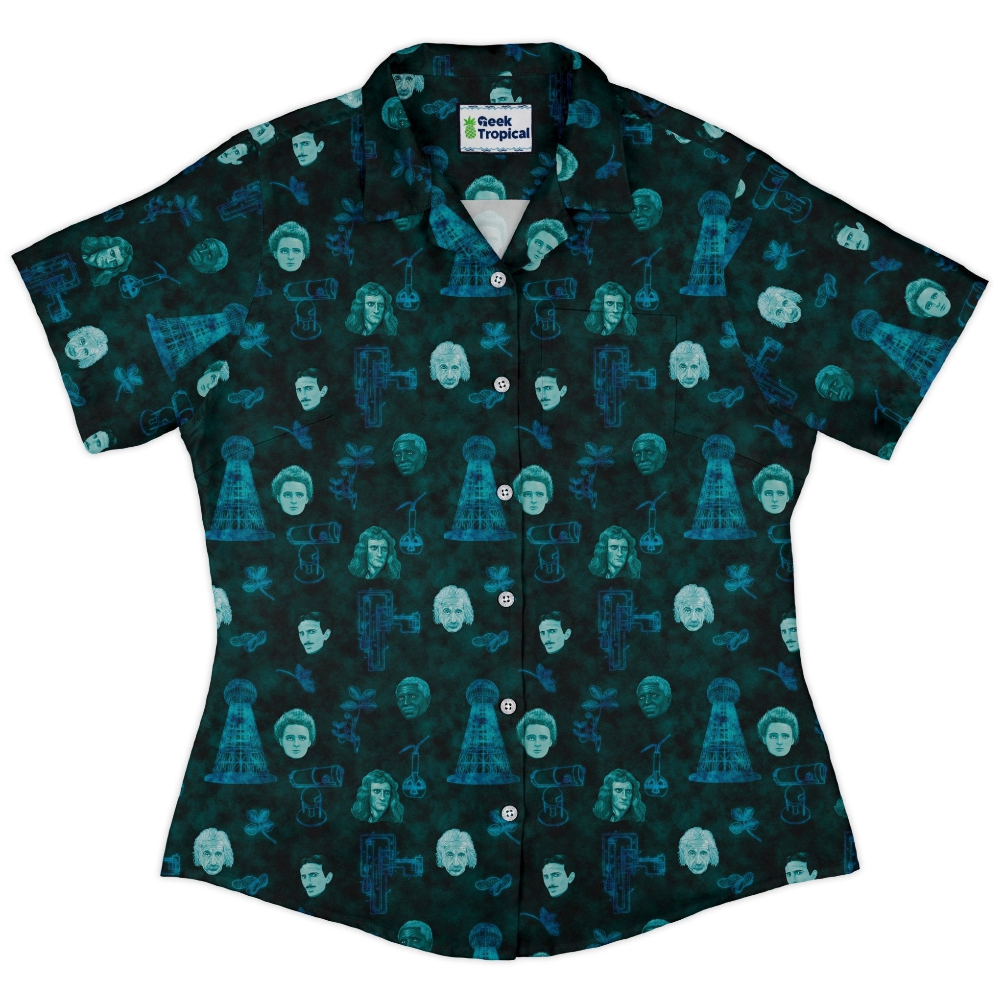 Eerie Science Legends Curvy Button Up Shirt Geek Nerd Designs by Nathan science print women