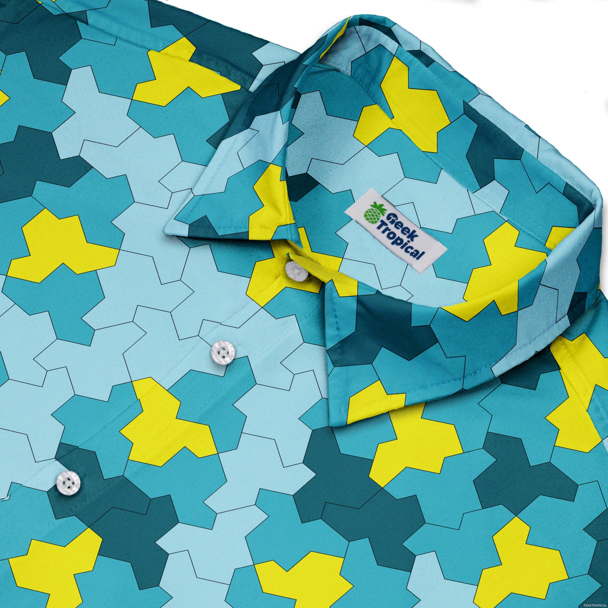 Einstein Tile Lagoon Teal Button Up Shirt Neck
