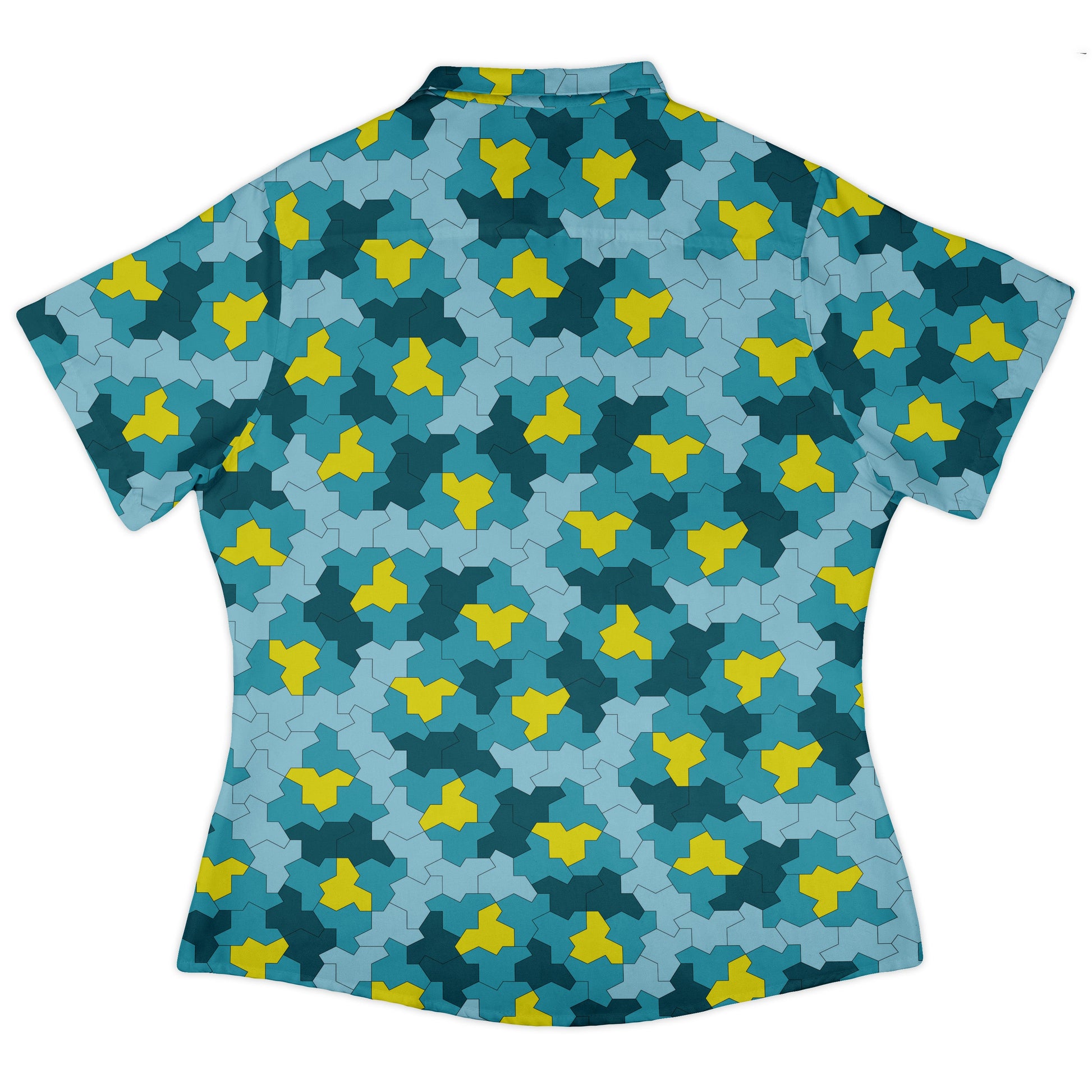 Einstein Tile Lagoon Teal Curvy Button Up Shirt womens back