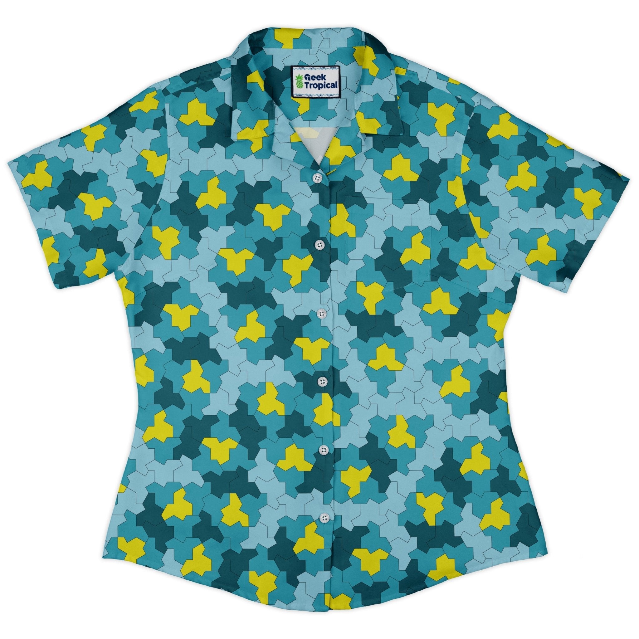 Einstein Tile Lagoon Teal Curvy Button Up Shirt 2