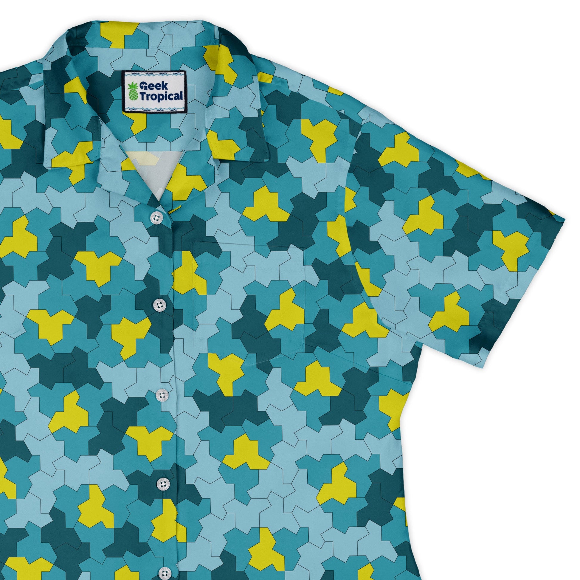 Einstein Tile Lagoon Teal Curvy Button Up Shirt womens top right