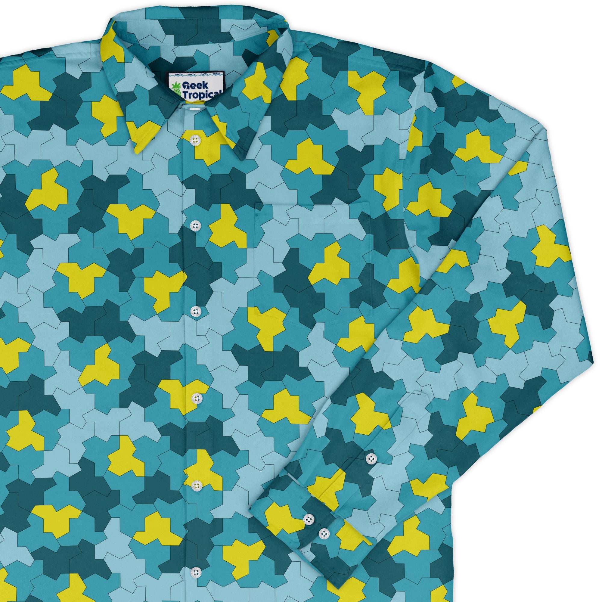 Einstein Tile Lagoon Teal Long Sleeve Button Up Shirt cover