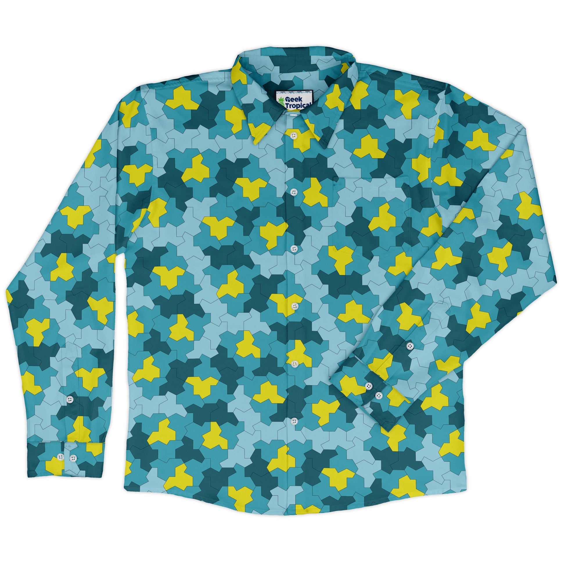 Einstein Tile Lagoon Teal Long Sleeve Button Up Shirt front