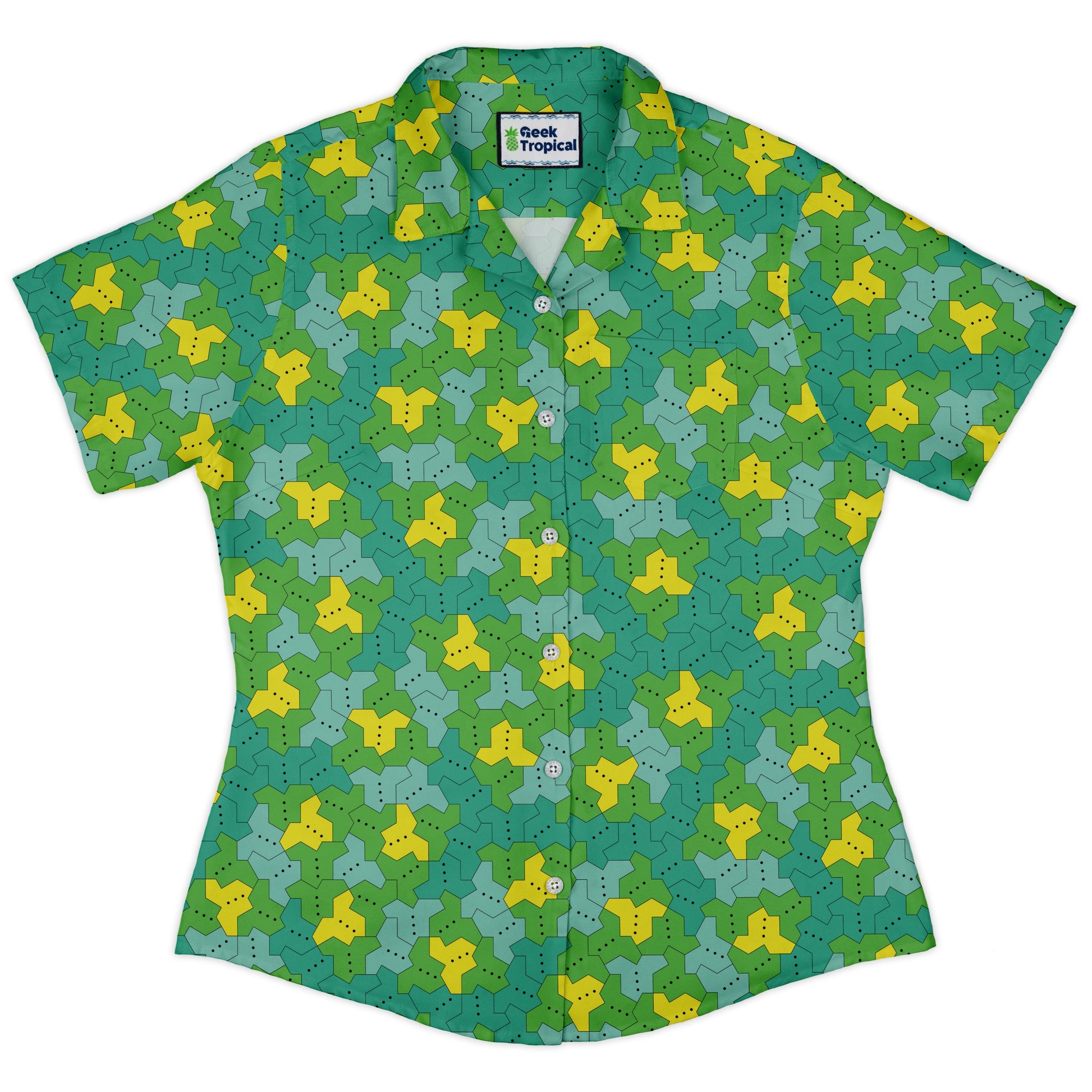 Einstein Tile Meadow Green Curvy Button Up Shirt womens front