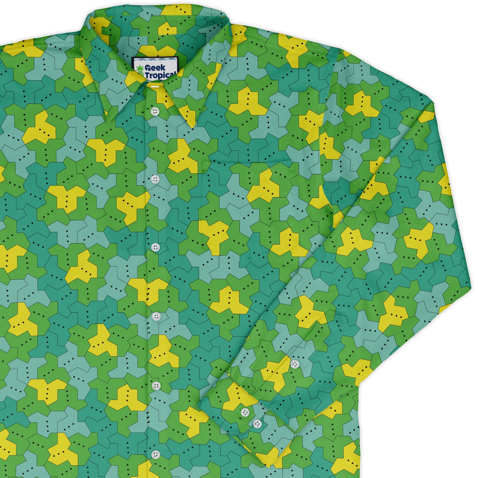 Einstein Tile Meadow Green Long Sleeve Button Up Shirt cover