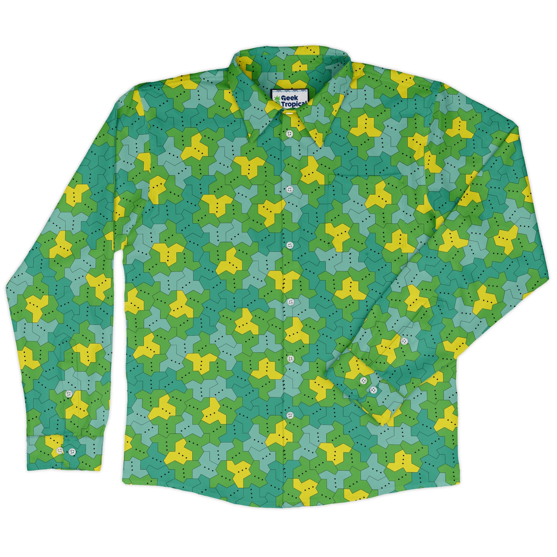 Einstein Tile Meadow Green Long Sleeve Button Up Shirt front