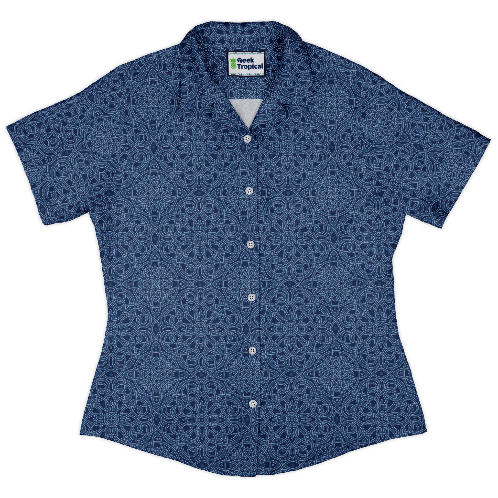Endless Celtic Knot Blue Curvy Button Up Shirt womens front