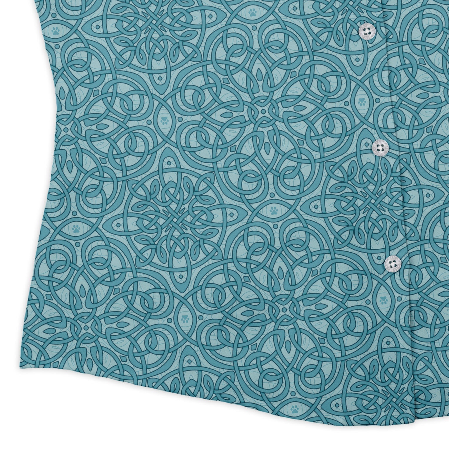 Endless Celtic Knot Teal Curvy Button Up Shirt womens corner