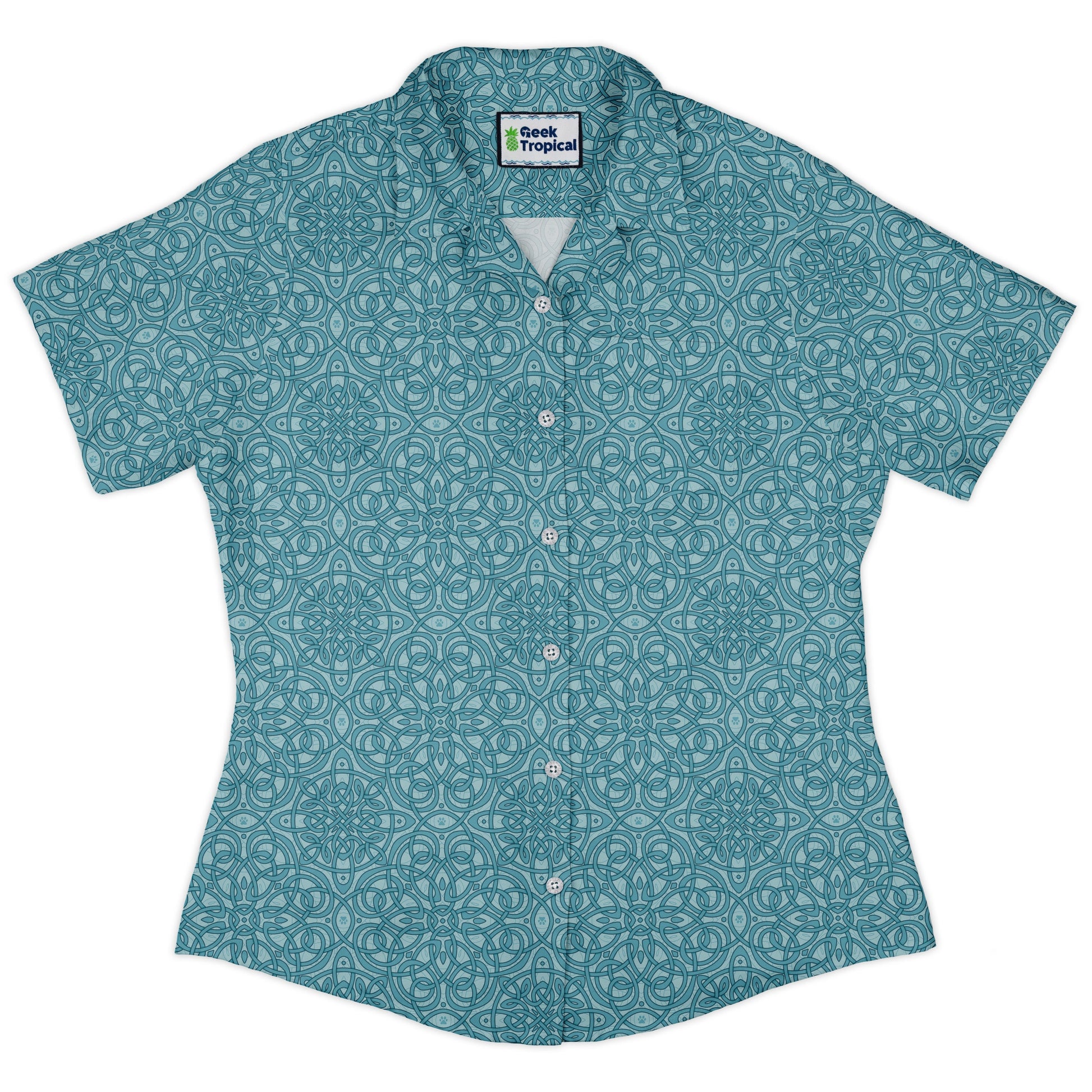 Endless Celtic Knot Teal Curvy Button Up Shirt womens front