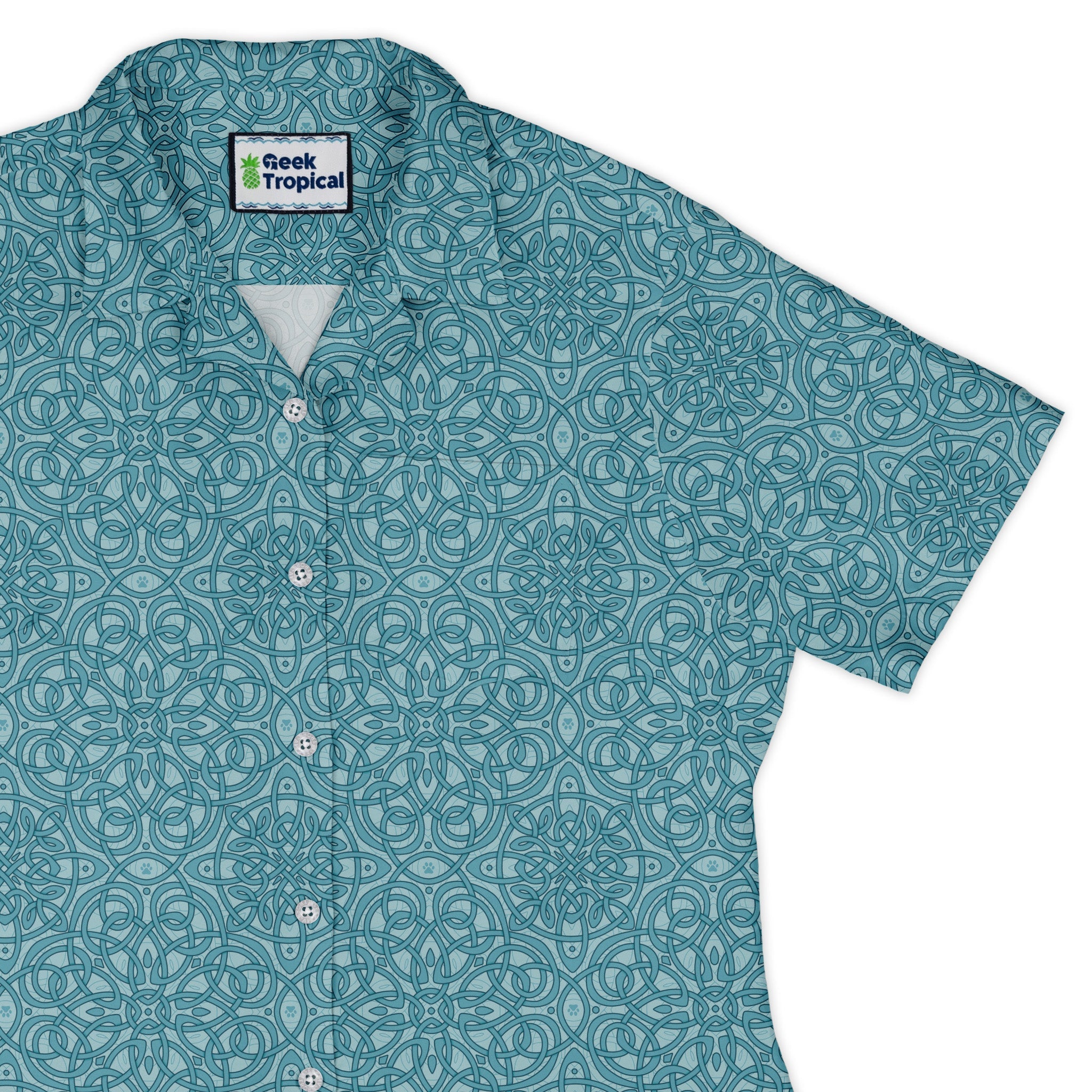 Endless Celtic Knot Teal Curvy Button Up Shirt womens top right