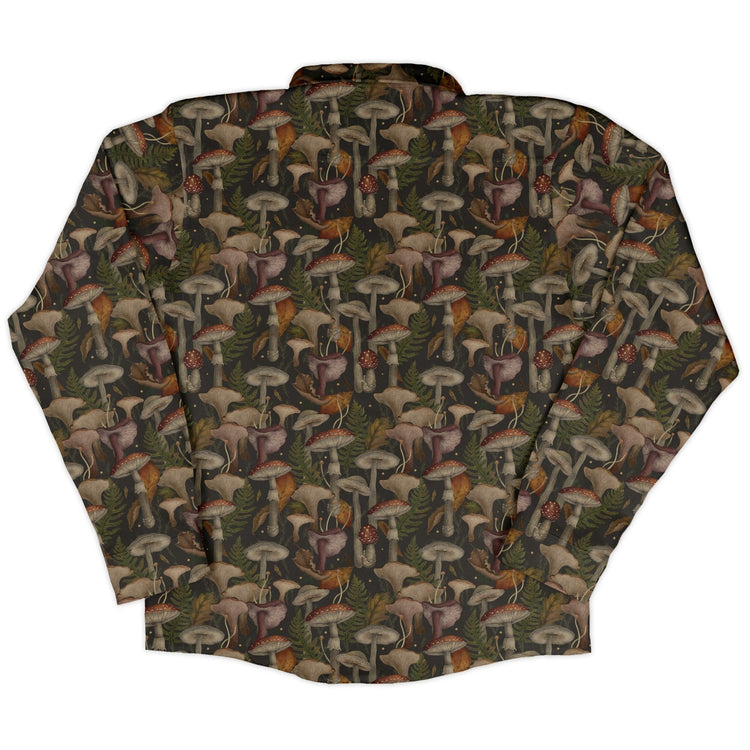 Episodic Autumn Mushroom Collage Long Sleeve Button Up Shirt Geek Nerd adult sizing Botany Print Design by Episodic