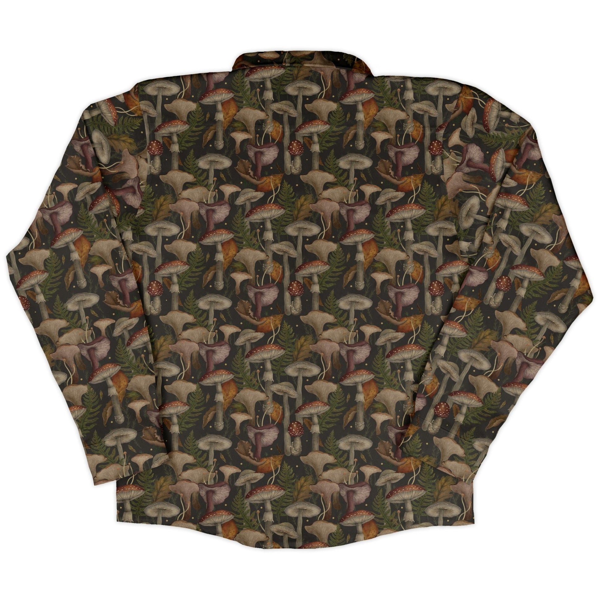 Episodic Autumn Mushroom Collage Long Sleeve Button Up Shirt Geek Nerd adult sizing Botany Print Design by Episodic