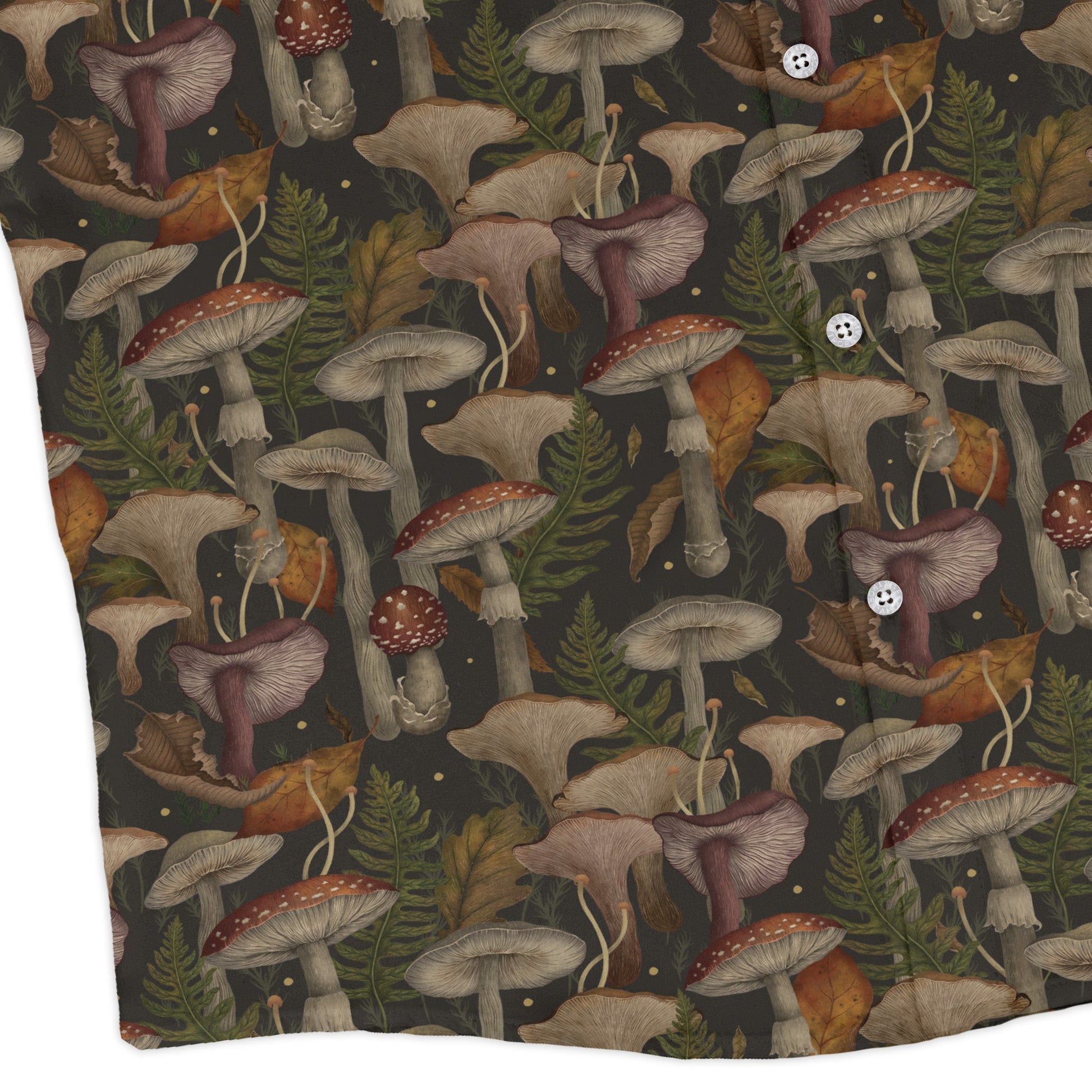 Episodic Autumn Mushroom Collage Long Sleeve Button Up Shirt Geek Nerd adult sizing Botany Print Design by Episodic